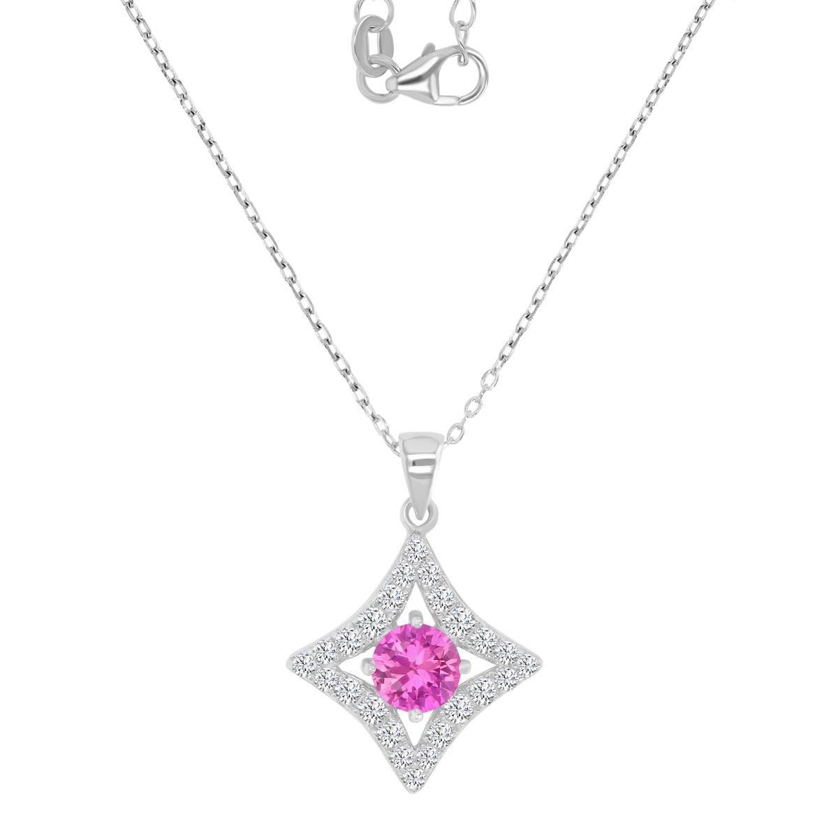 Sterling Silver Rhodium 17.5MM Polished Cr Pink & Cr White Sapphire Star 16+2" Necklace