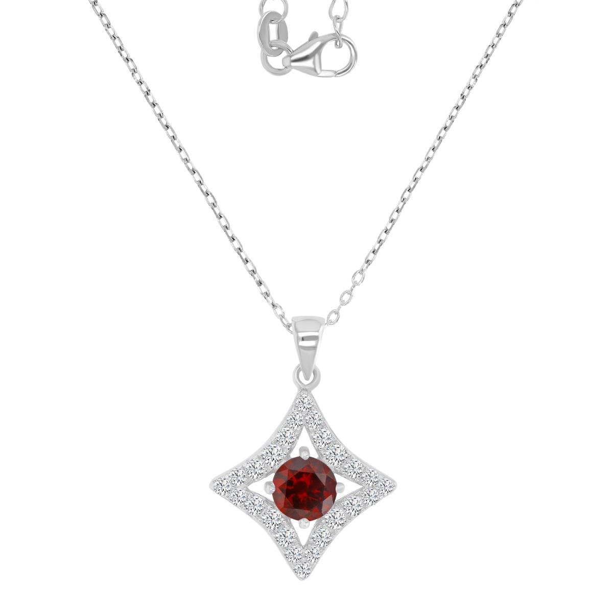 Sterling Silver Rhodium 17.5MM Polished Cr Ruby & Cr White Sapphire Star 16+2" Necklace
