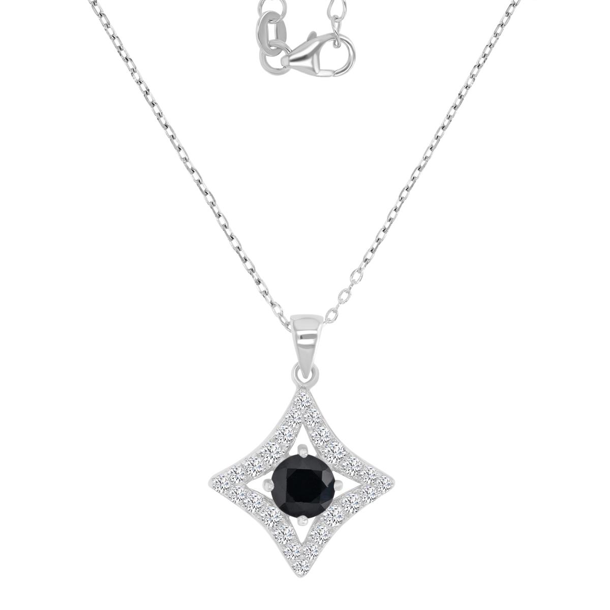 Sterling Silver Rhodium 17.5MM Polished Black Spinel & Cr White Sapphire Star 16+2" Necklace