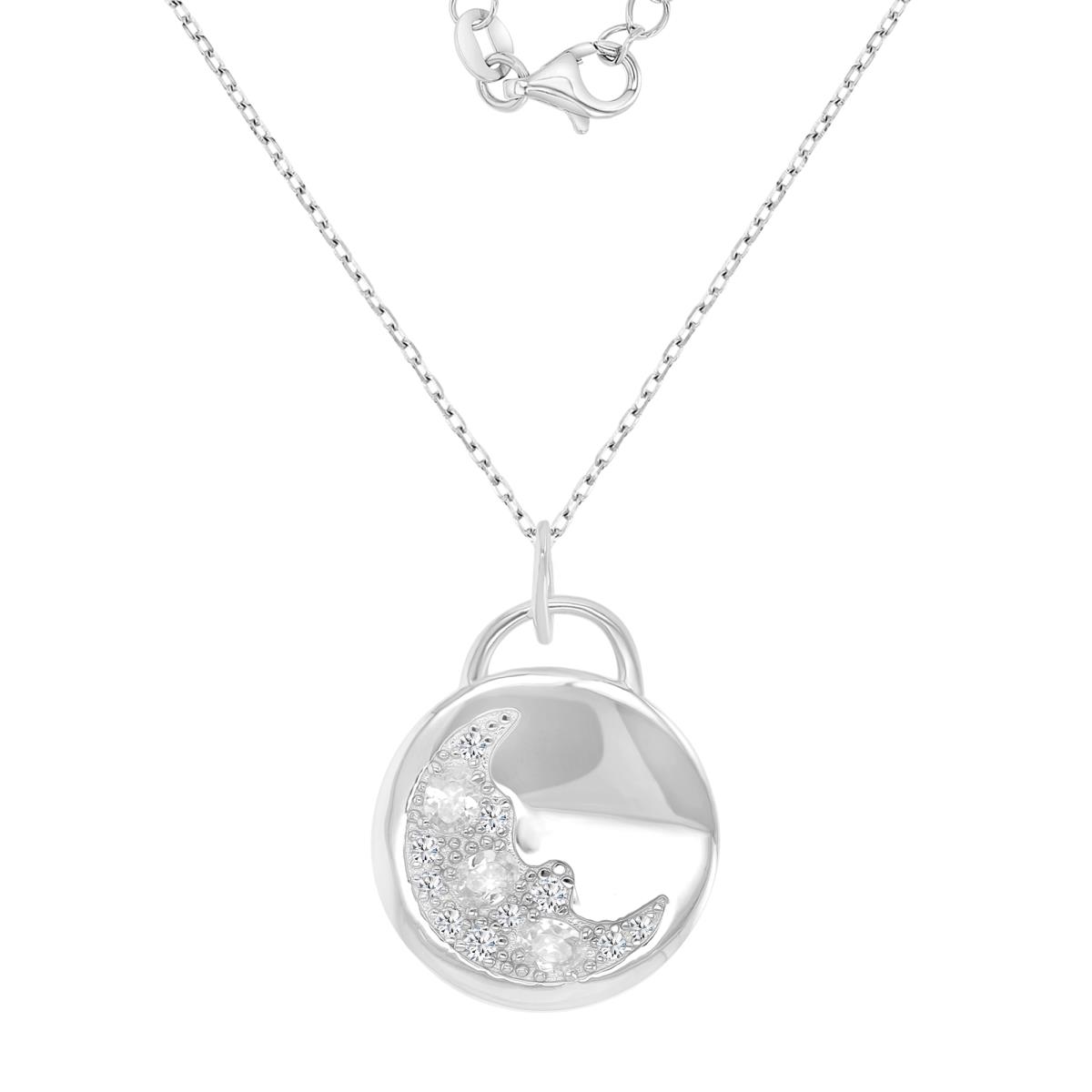 Sterling Silver Rhodium 23X20MM Polished White CZ Moon Medalion 1 +2" Necklace