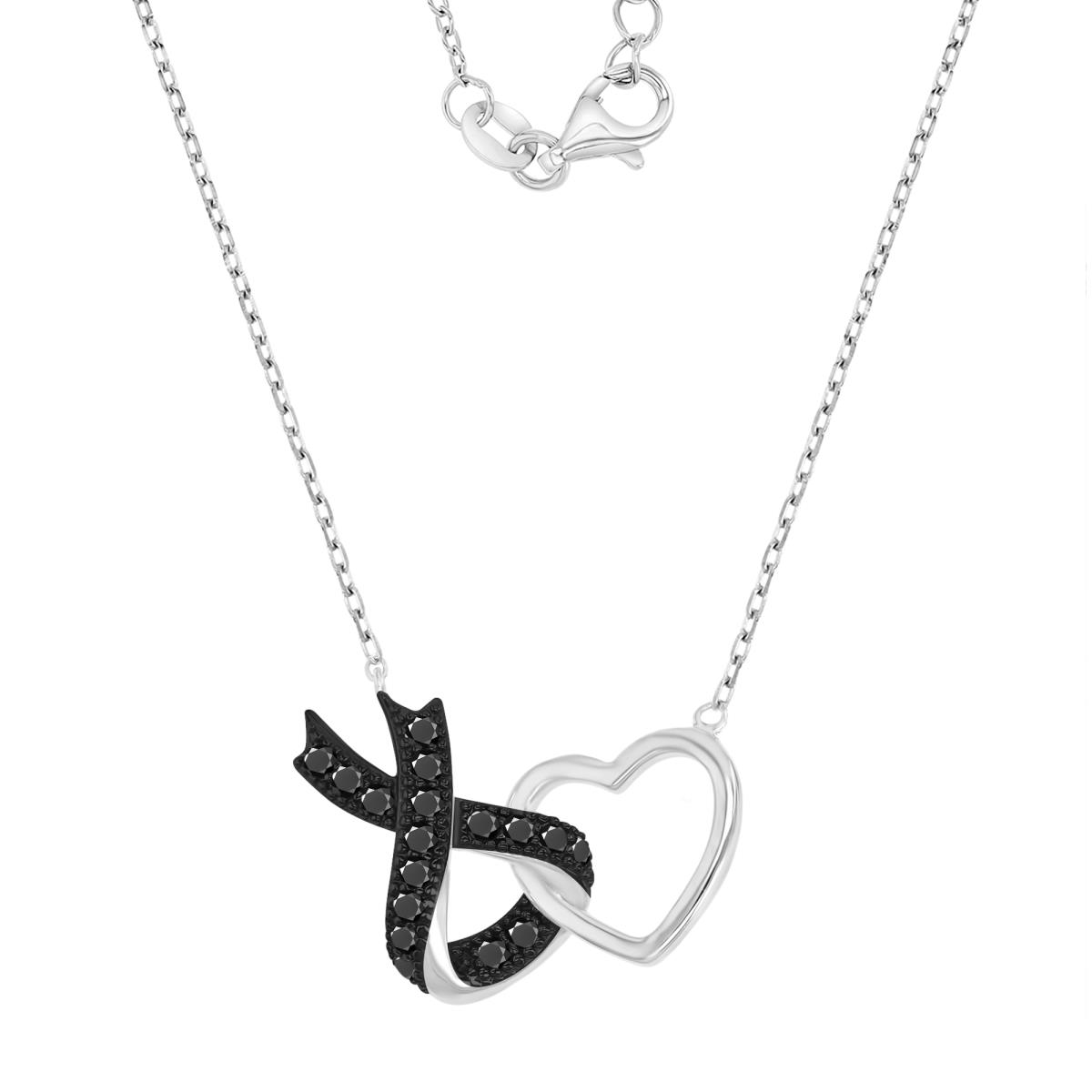 Sterling Silver Black & White 24X17.5MM Polished Black Spinel Heart & Bow 16+2" Necklace