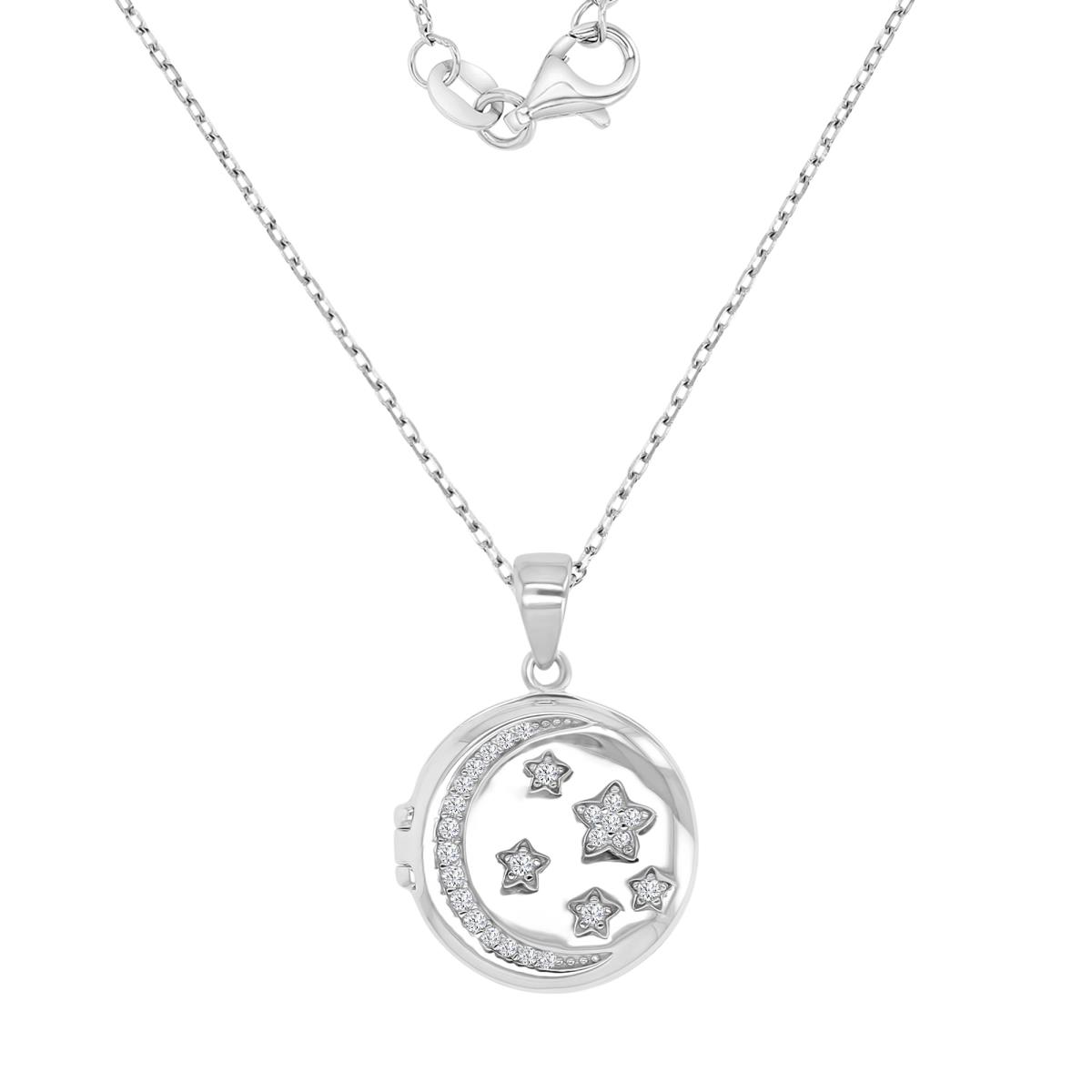 Sterling Silver Rhodium 16MM Polished White CZ Moon & Star 16+2' Necklace