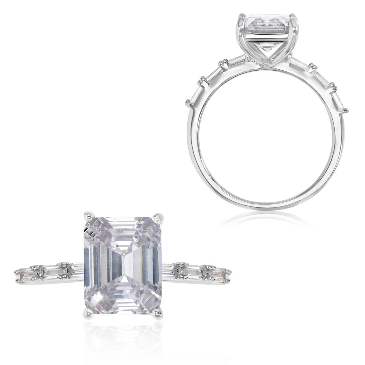 Sterling Silver Rhodium 10.5X8MM Polished White CZ Emerald Cut Solitaire Ring