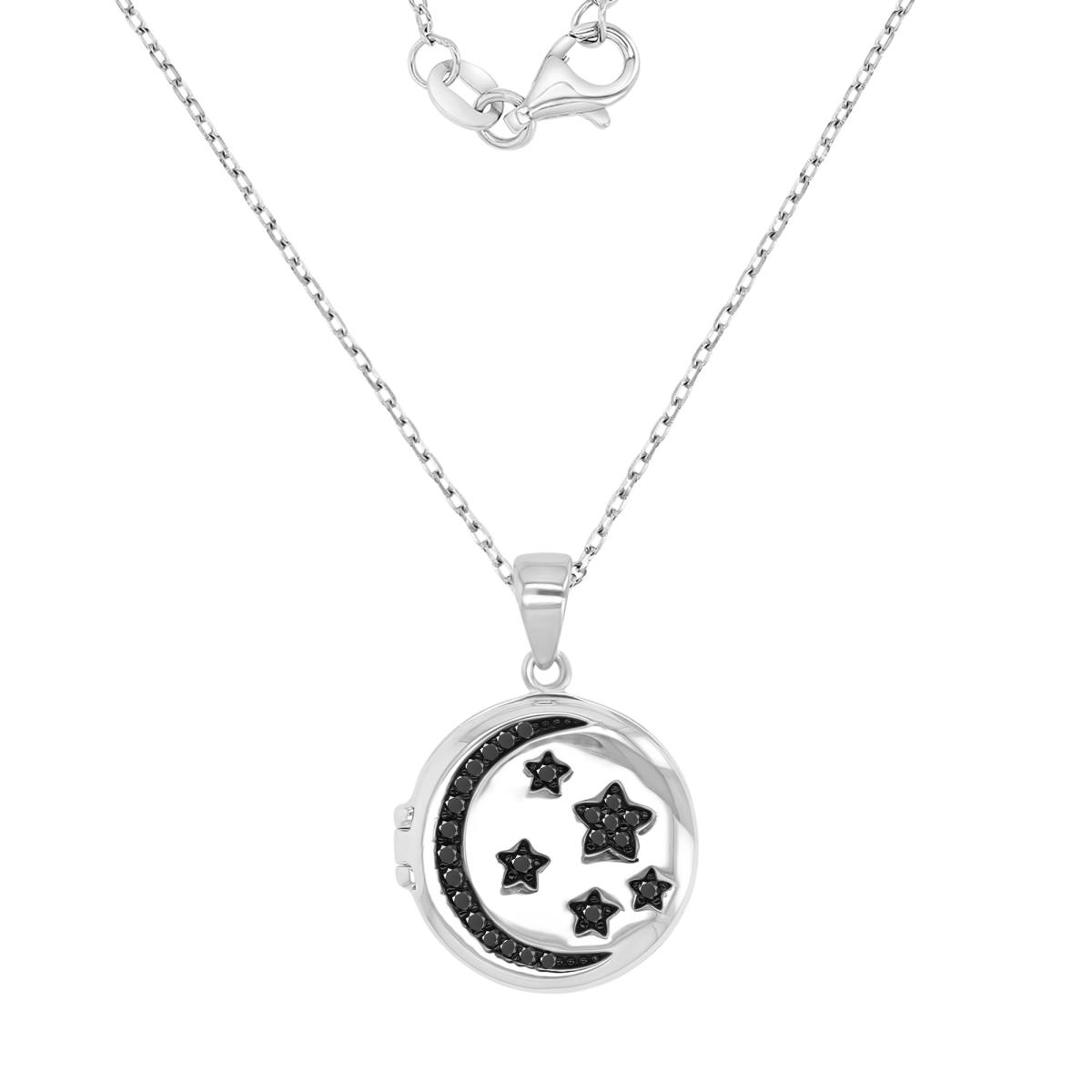 Sterling Silver Black & White 16MM Polished Black Spinel Moon & Star 16+2' Necklace