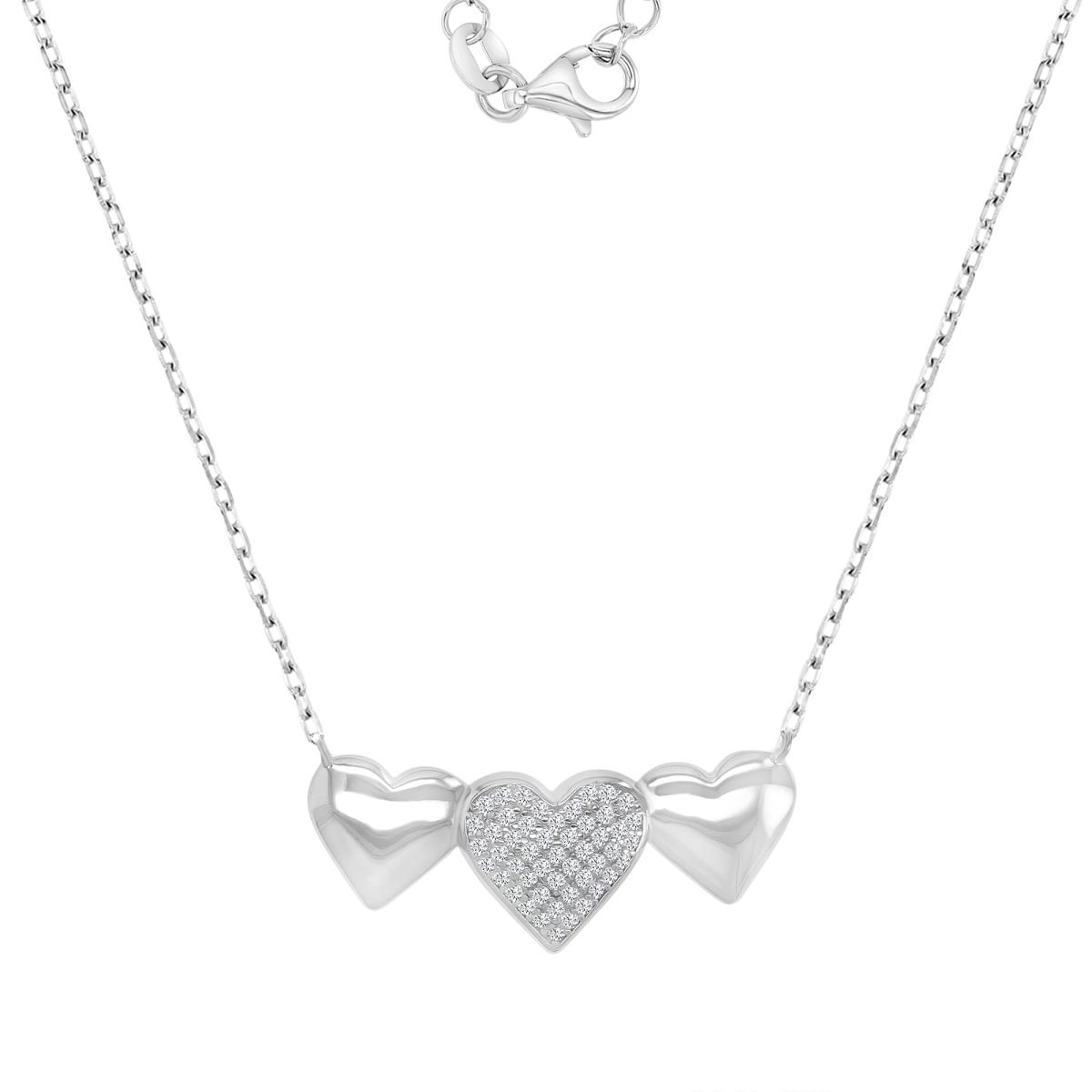 Sterling Silver Rhodium 30X13MM Polished White CZ Triple Pave Heart 16+2" Necklace