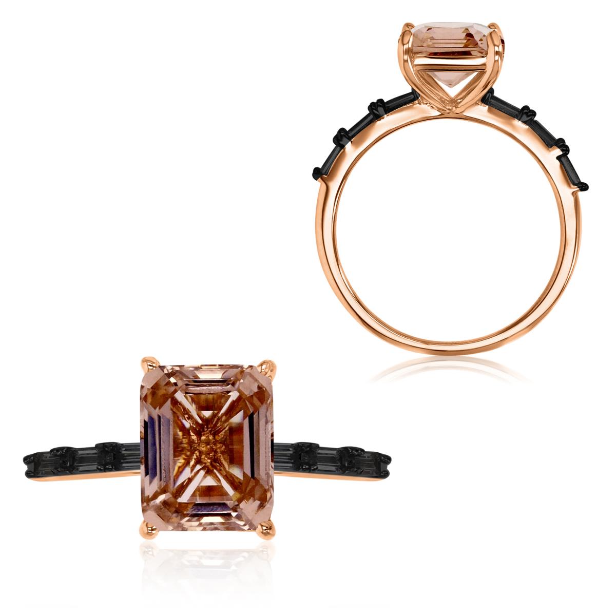 Sterling Silver Rose Plated 10.5X8MM Polished Morganite & Coffee CZ Emerald Cut Solitaire Ring