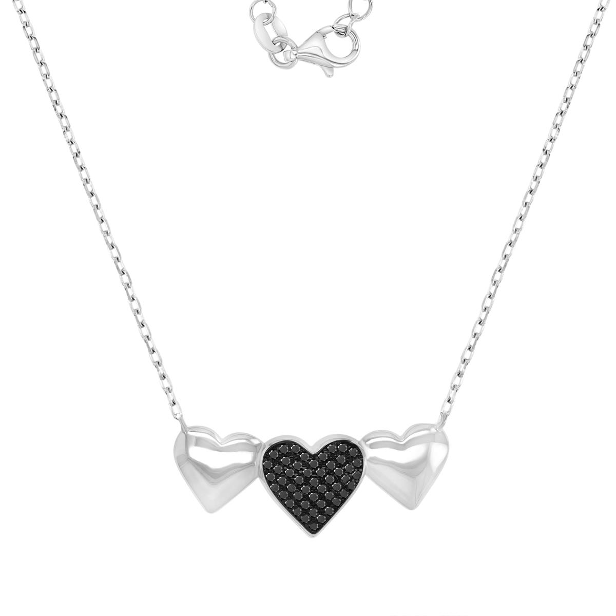 Sterling Silver Black & White 30X13MM Polished Black Spinel Triple Pave Heart 16+2" Necklace
