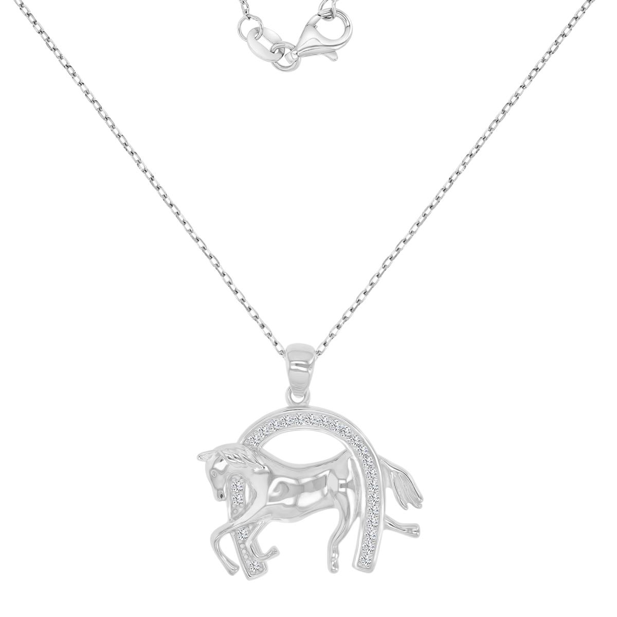Sterling Silver Rhodium 23X19MM Polished White CZ Horse Shoe 18+2" Necklace