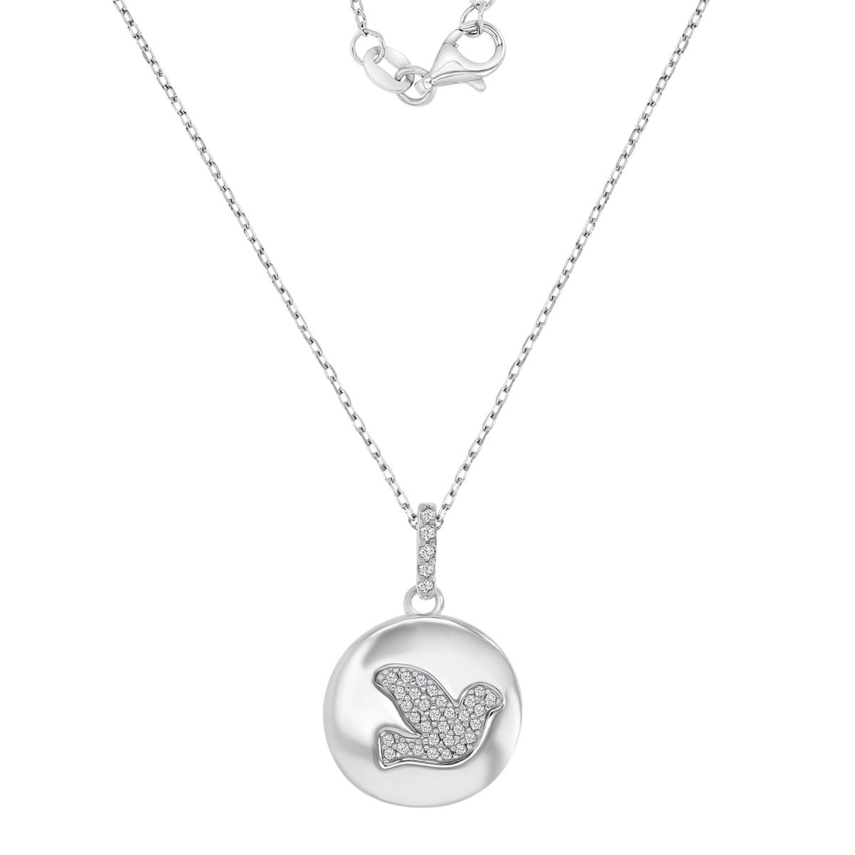 Sterling Silver Rhodium 15MM Polished White CZ Bird Medalion16+2" Necklace