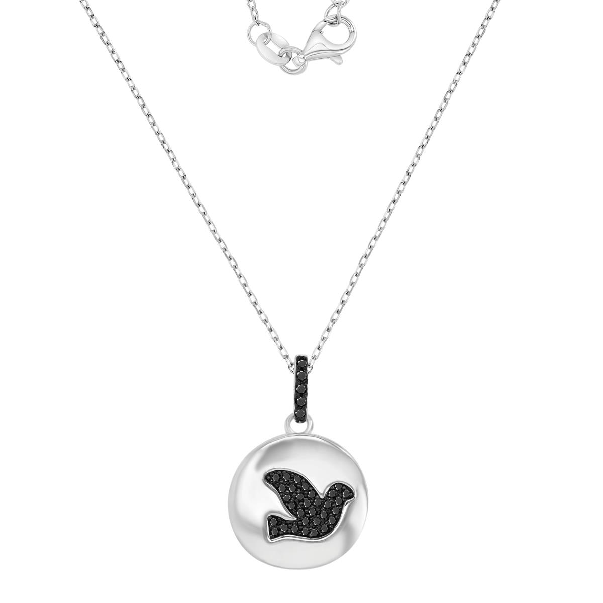 Sterling Silver Black & White 15MM Polished Black Spinel Bird Medalion16+2" Necklace