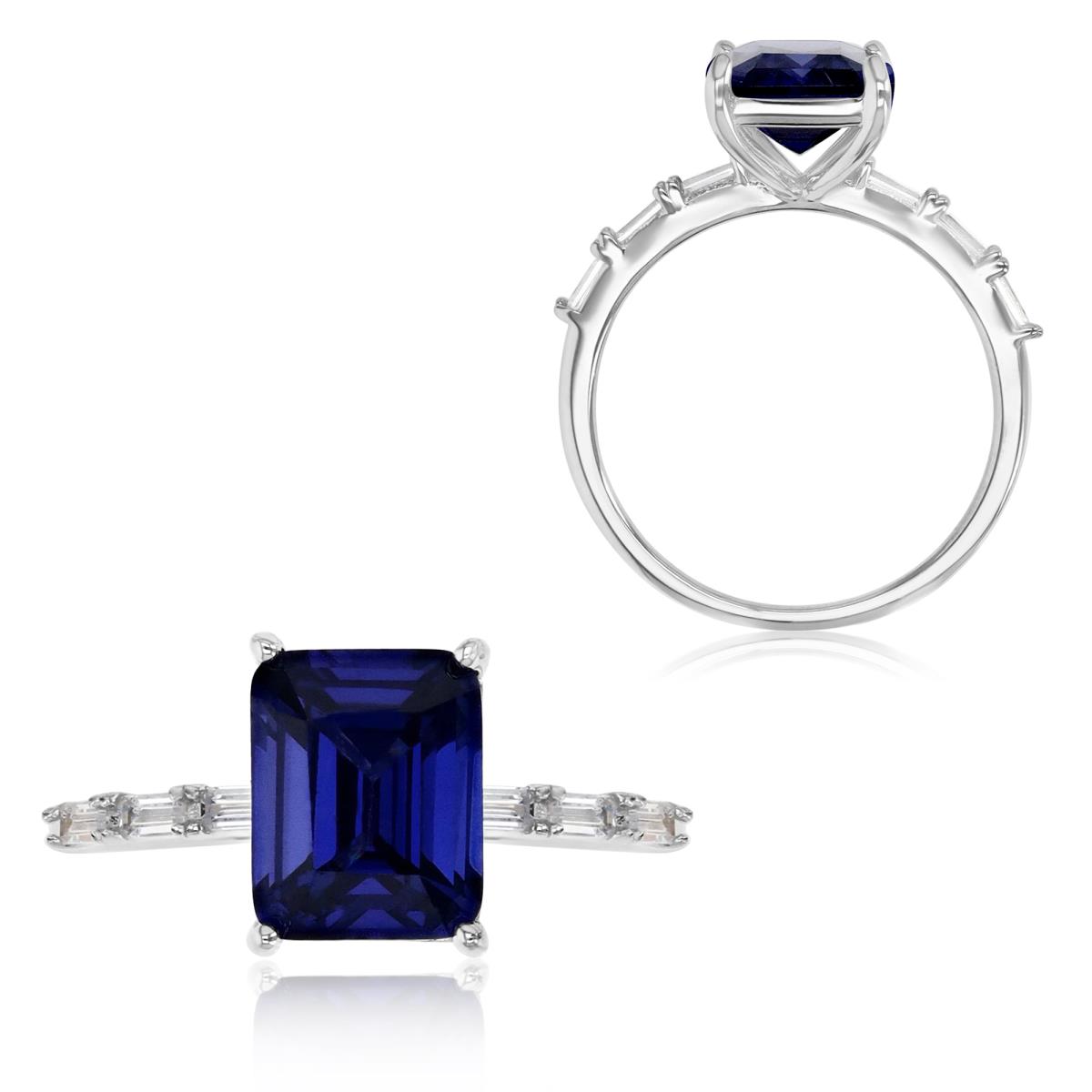 Sterling Silver Rhodium 10.5X8MM Polished Tanzanite & White CZ Emerald Cut Solitaire Ring
