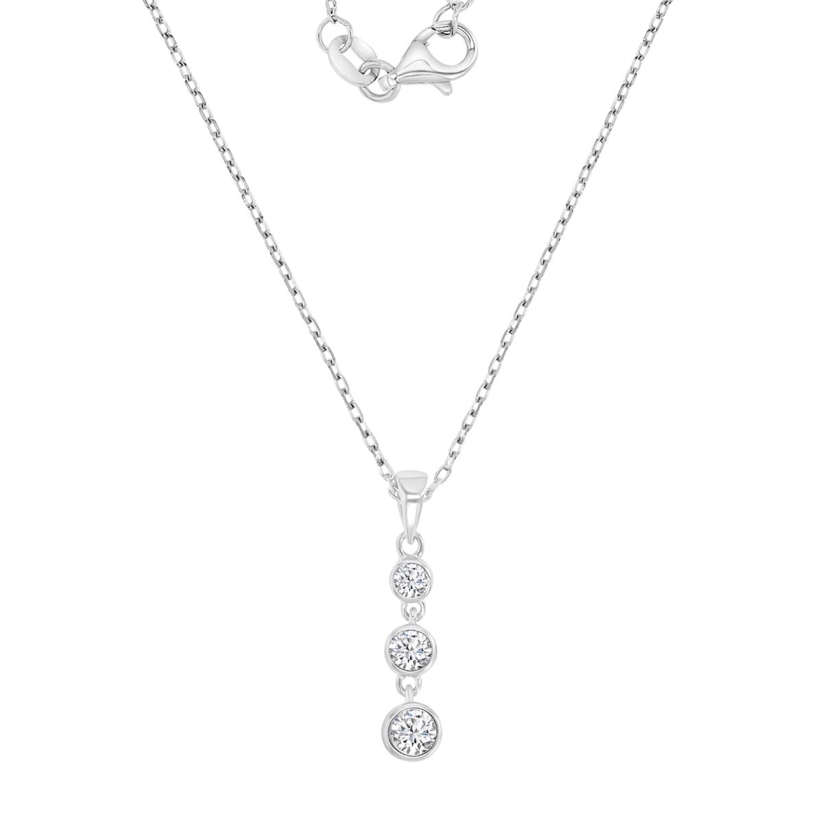 Sterling Silver Rhodium 22X5MM Polished White CZ Three Stone Dangling 16+2" Necklace