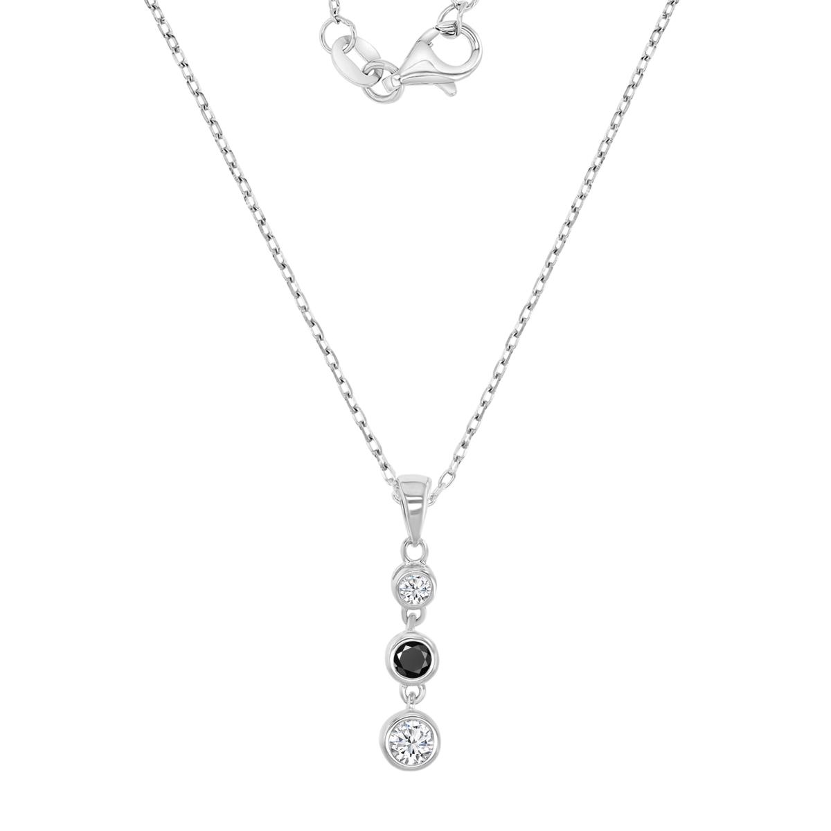 Sterling Silver Rhodium 22X5MM Polished Black & White CZ Three Stone Dangling 16+2" Necklace