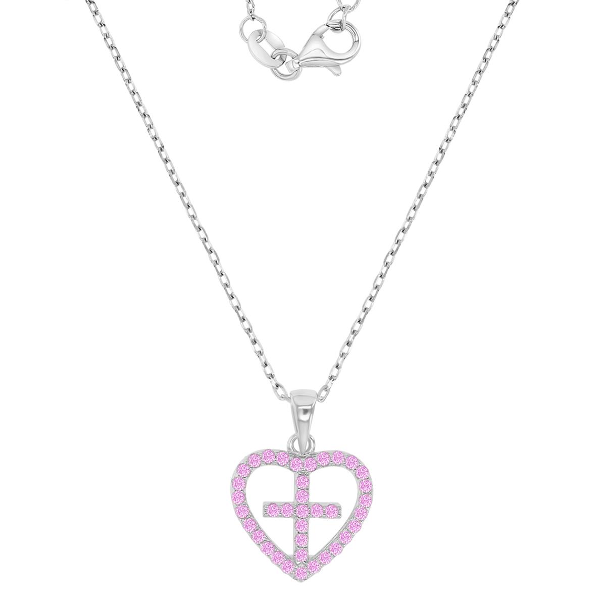 Sterling Silver Rhodium 17X13MM Polished Pink CZ Heart & Cross 13+2" Necklace