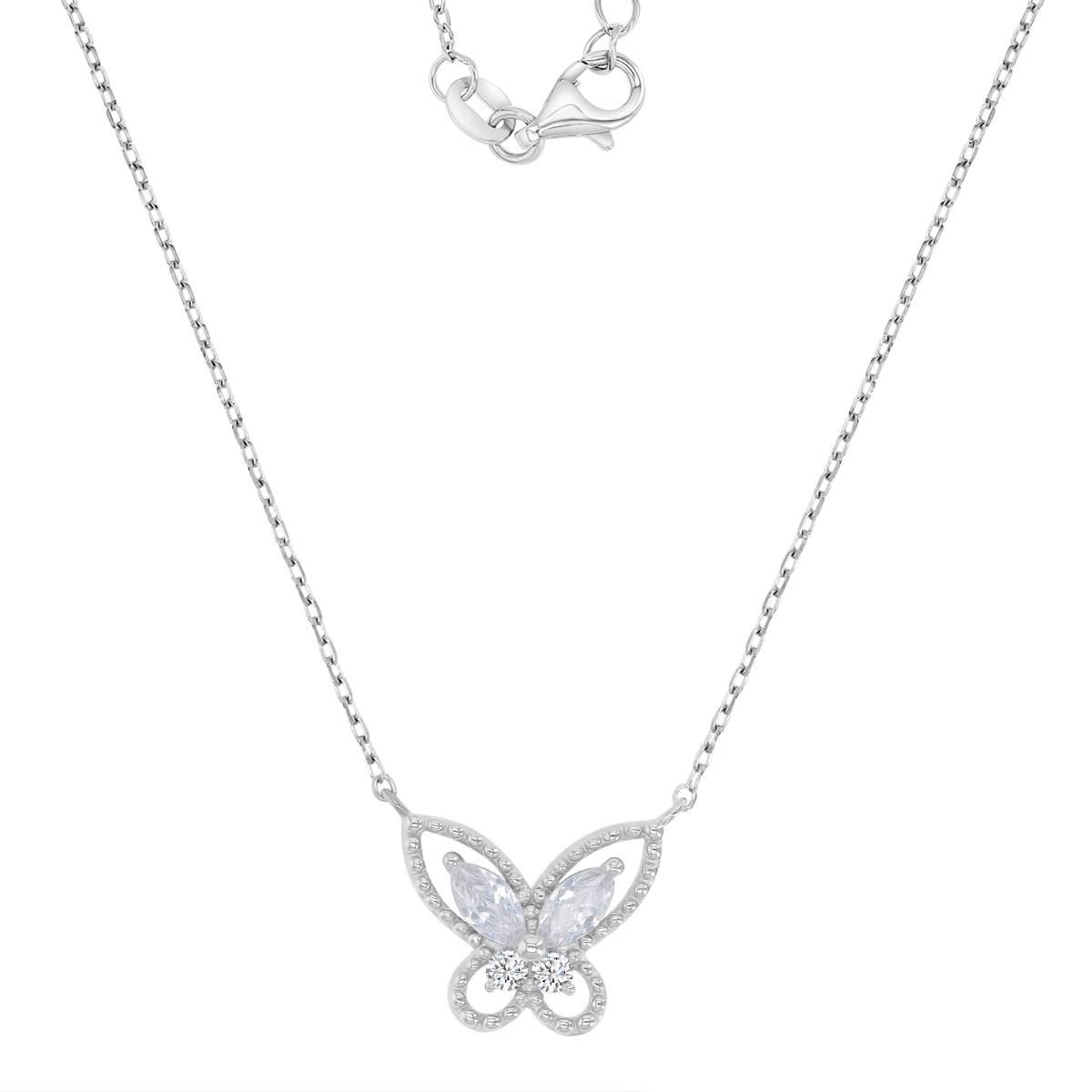 Sterling Silver Rhodium 17X13MM Polished White CZ Butterfly Marquise Cut 13+2" Necklace