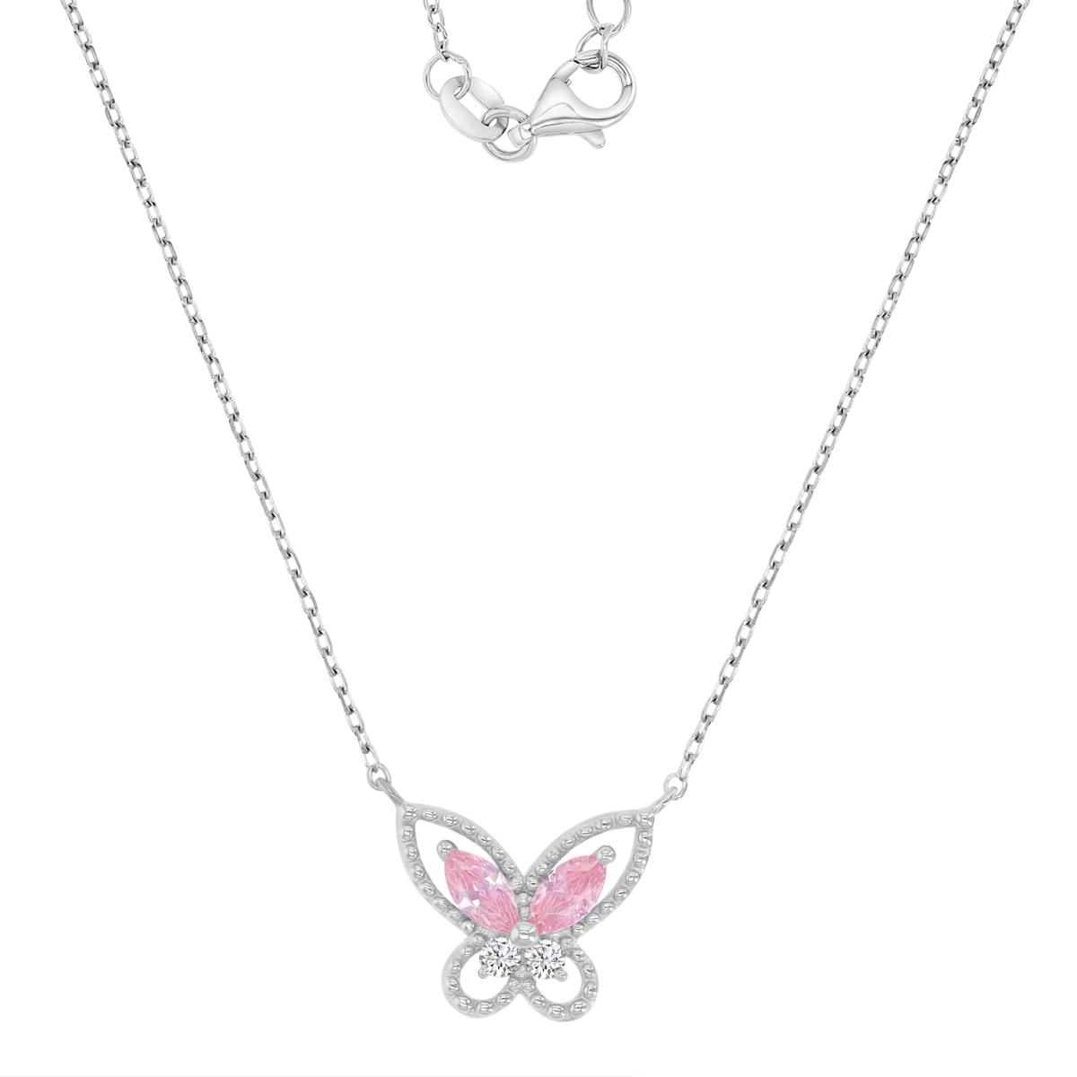 Sterling Silver Rhodium 17X13MM Polished Pink & White CZ Butterfly Marquise Cut 13+2" Necklace