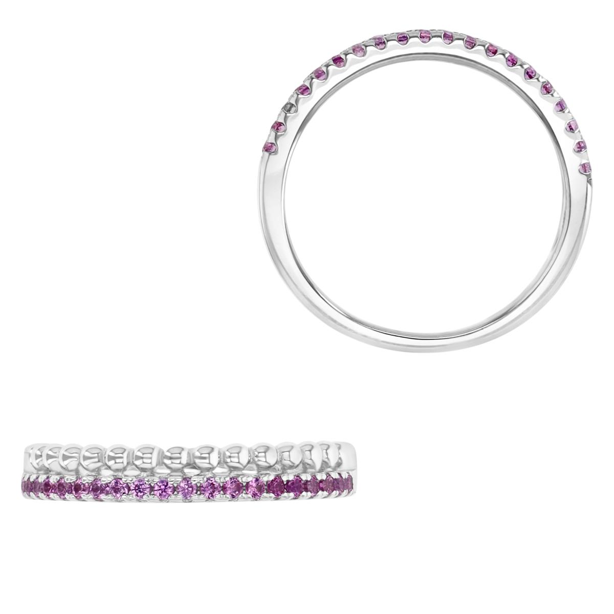 Sterling Silver Rhodium 3MM Polished Cr Pink Sapphire Beaded Half Pave Ring