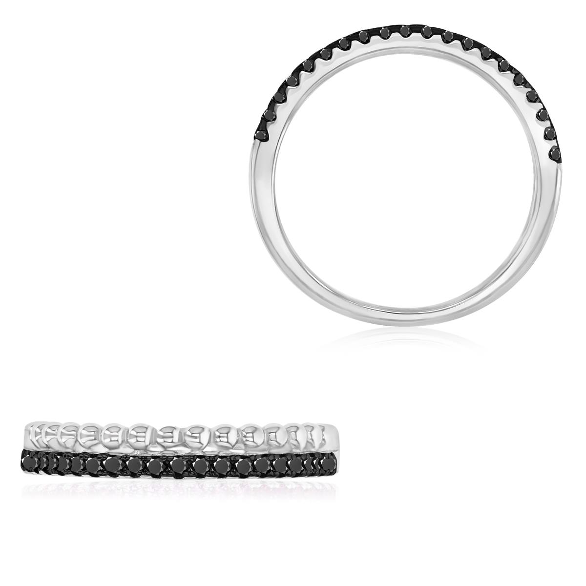 Sterling Silver Black & White 3MM Polished Black Spinel Beaded Half Pave Ring