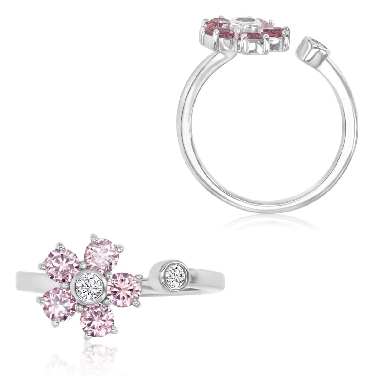 Sterling Silver Rhodium 9.4MM Polished Pink & White CZ Flower Ring