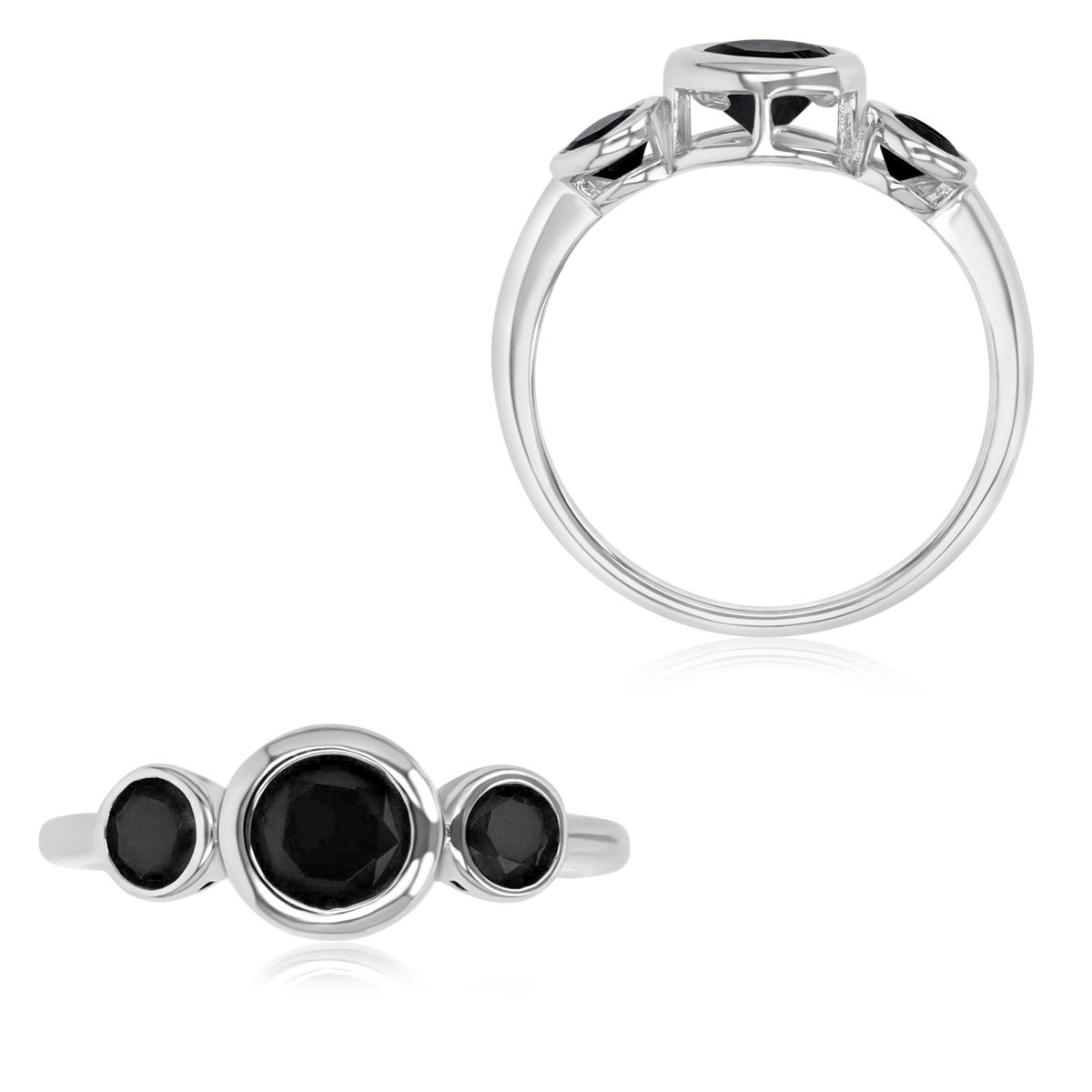 Sterling Silver Rhodium 7.4MM Polished Black Spinel 3-Stone Bezel Ring