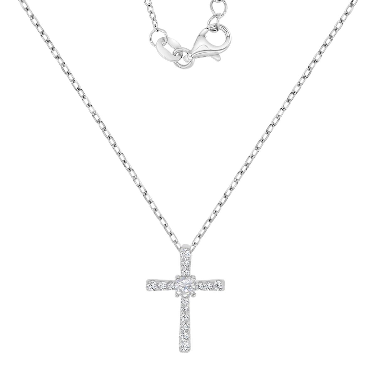 Sterling Silver Rhodium 16.8X12MM Polished White CZ Cross 13+2" Necklace