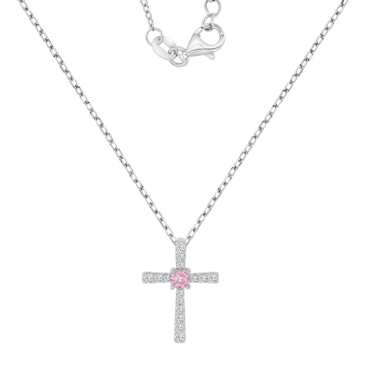 Sterling Silver Rhodium 16.8X12MM Polished Pink & White CZ Cross 13+2" Necklace