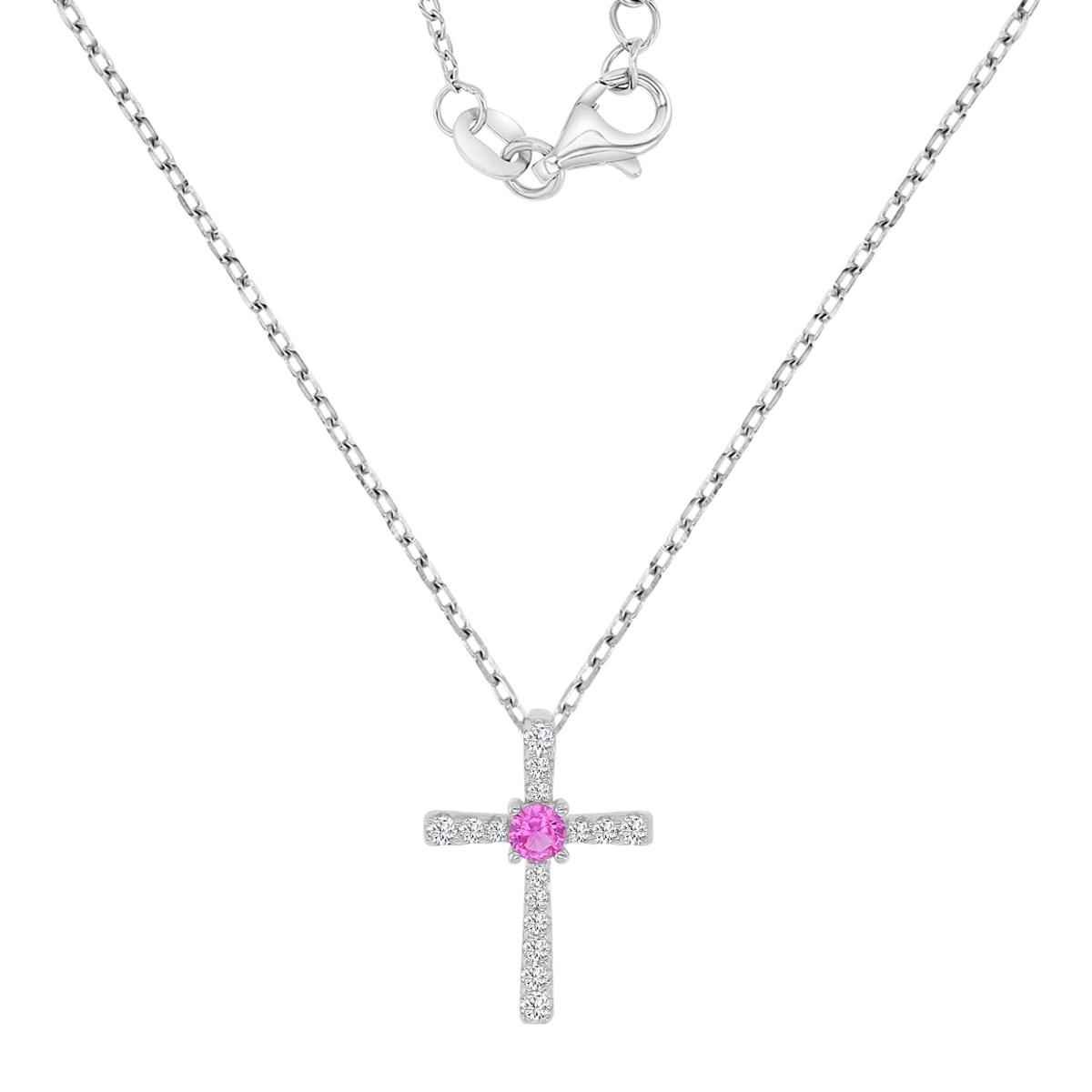 Sterling Silver Rhodium 16.8X12MM Polished Cr Pink & Cr White Sapphire Cross 16+2" Necklace