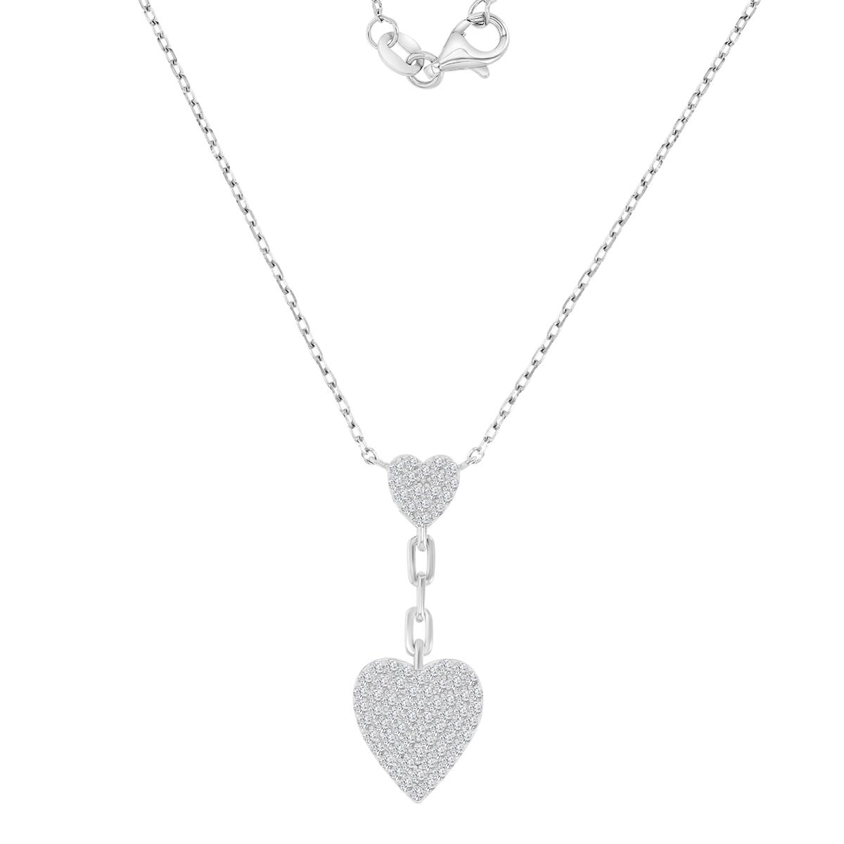 Sterling Silver Platinum Plated 30.5X11.5X9.4MM Polished White CZ Double Heart Dangling 18+2" Necklace