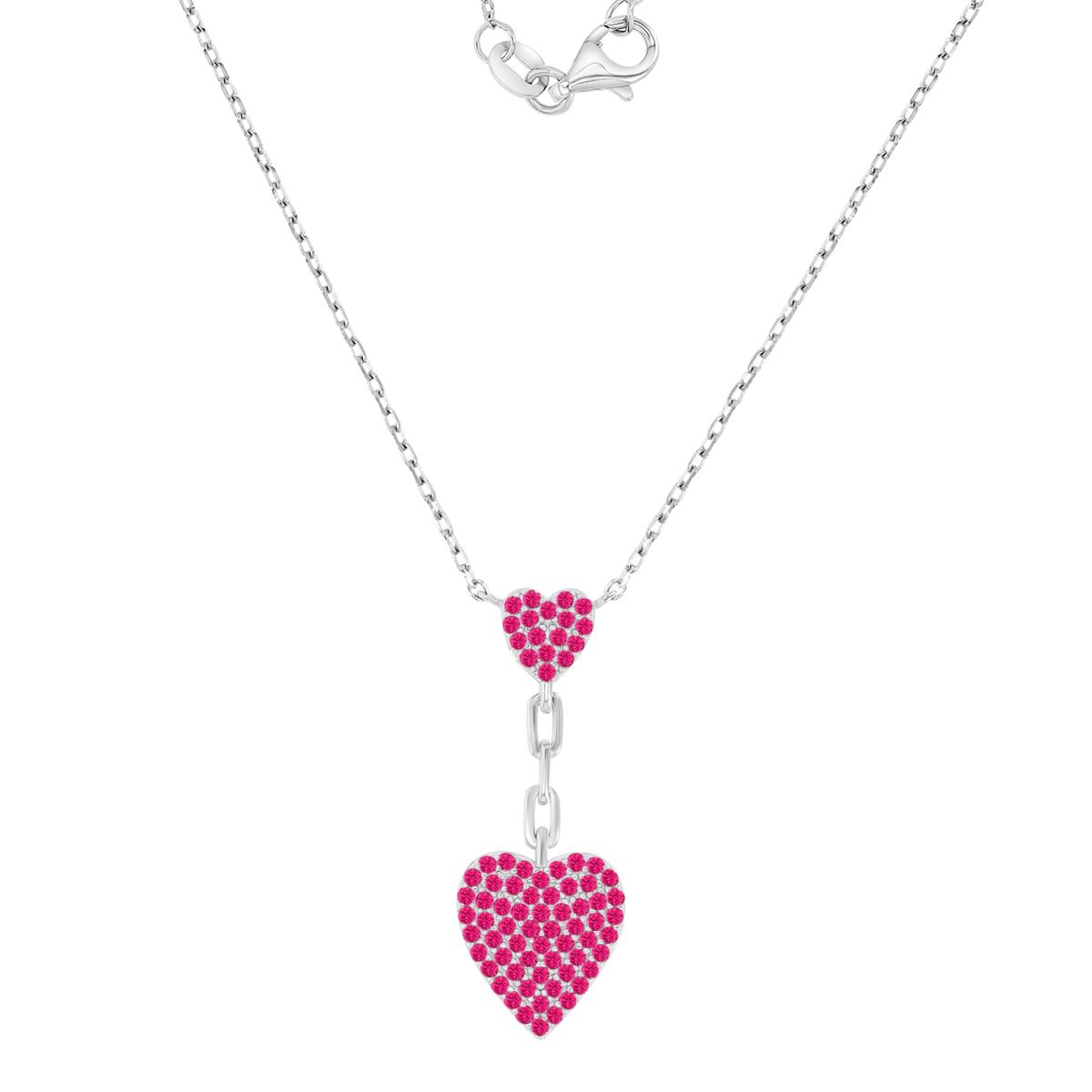 Sterling Silver Rhodium 30.5X11.5X9.4MM Polished Cr Ruby Double Heart Dangling 16+2" Necklace