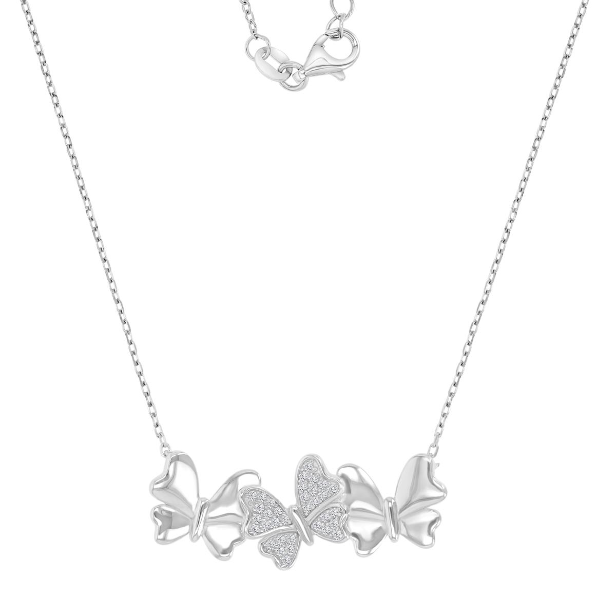 Sterling Silver Rhodium 30X12MM Polished White CZ Triple Butterfly 16+2" Necklace