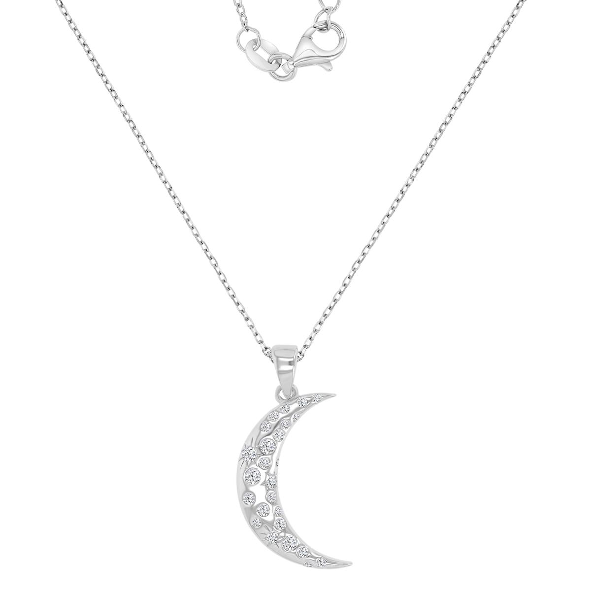 Sterling Silver Rhodium 28X12.6MM Polished White CZ Dangling Crescent Moon 16+2" Necklace