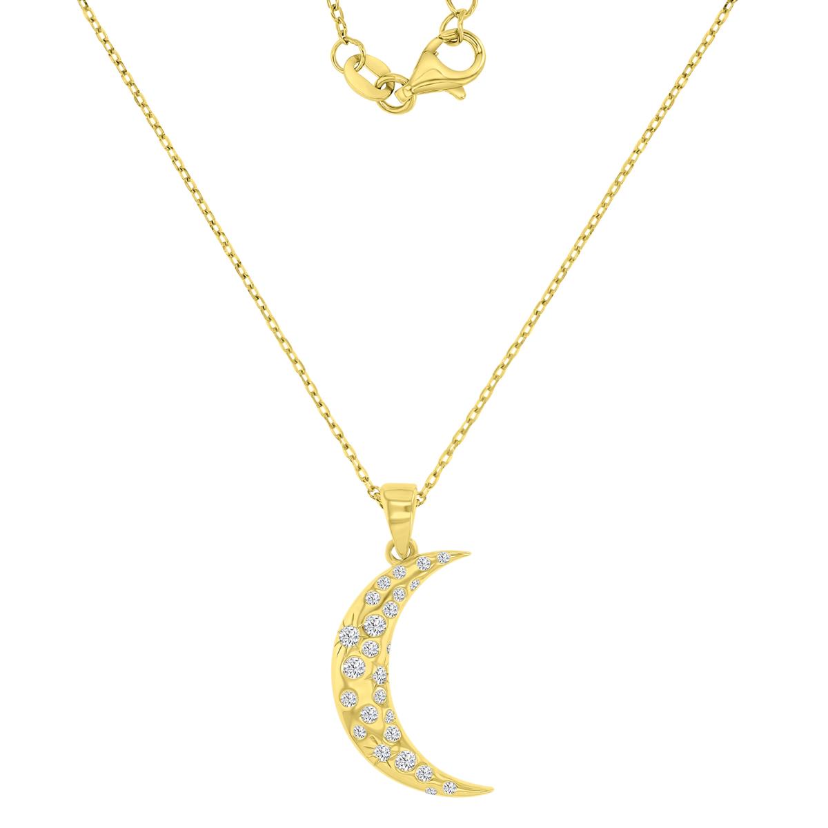 Sterling Silver Yellow 1M 28X12.6MM Polished White CZ Dangling Crescent Moon 16+2" Necklace