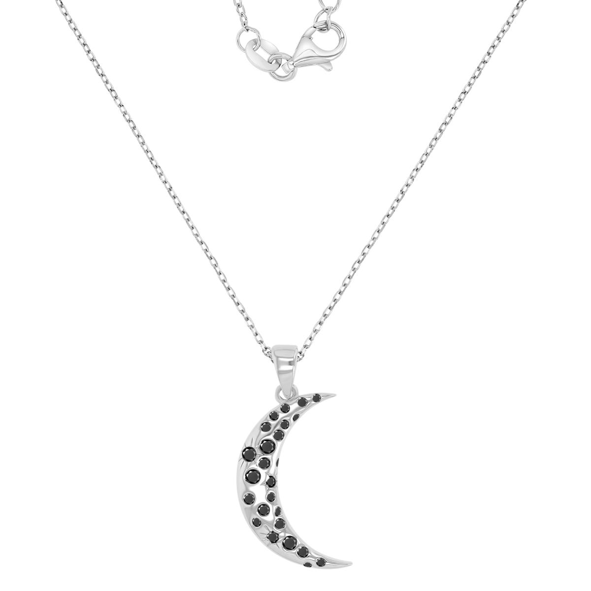Sterling Silver Black & White 28X12.6MM Polished Black Spinel Dangling Crescent Moon 16+2" Necklace