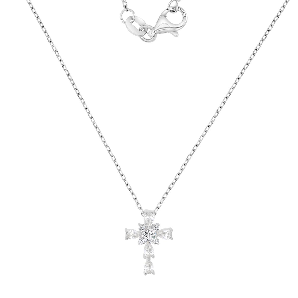 Sterling Silver Rhodium 13.4X9.6MM Polished White CZ Cross 13+2" Necklace