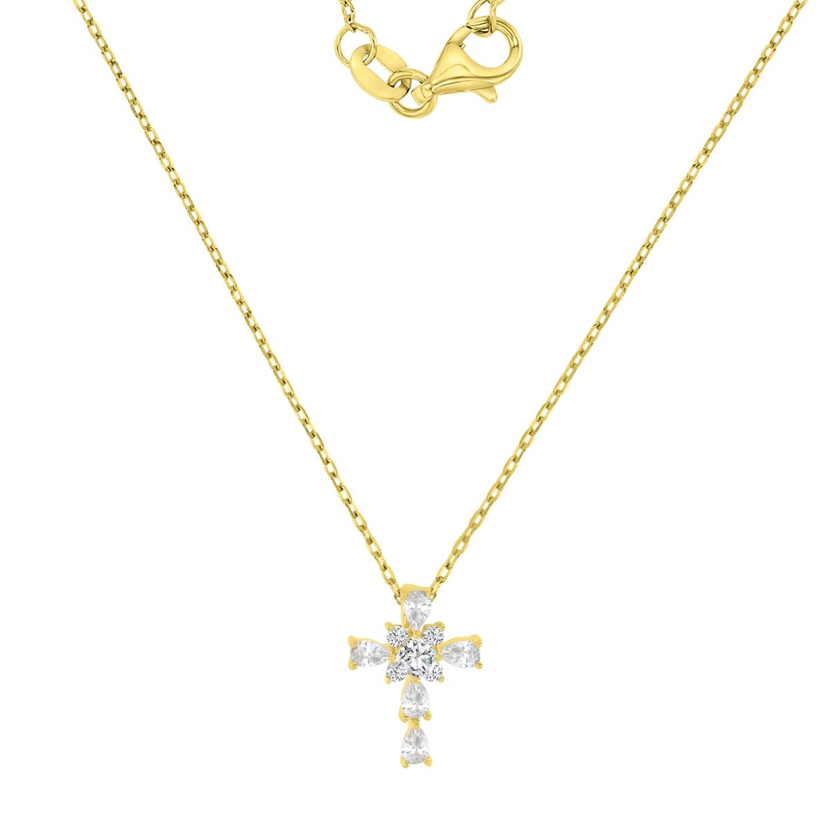 Sterling Silver Yellow 13.4X9.6MM Polished White CZ Cross 13+2" Necklace