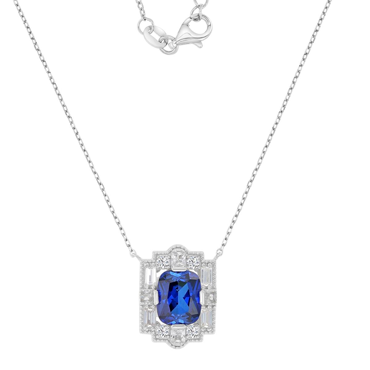 Sterling Silver Rhodium 19X14MM Created Blue & White Sapphire Cushion Cut Vintage 18+2" Necklace