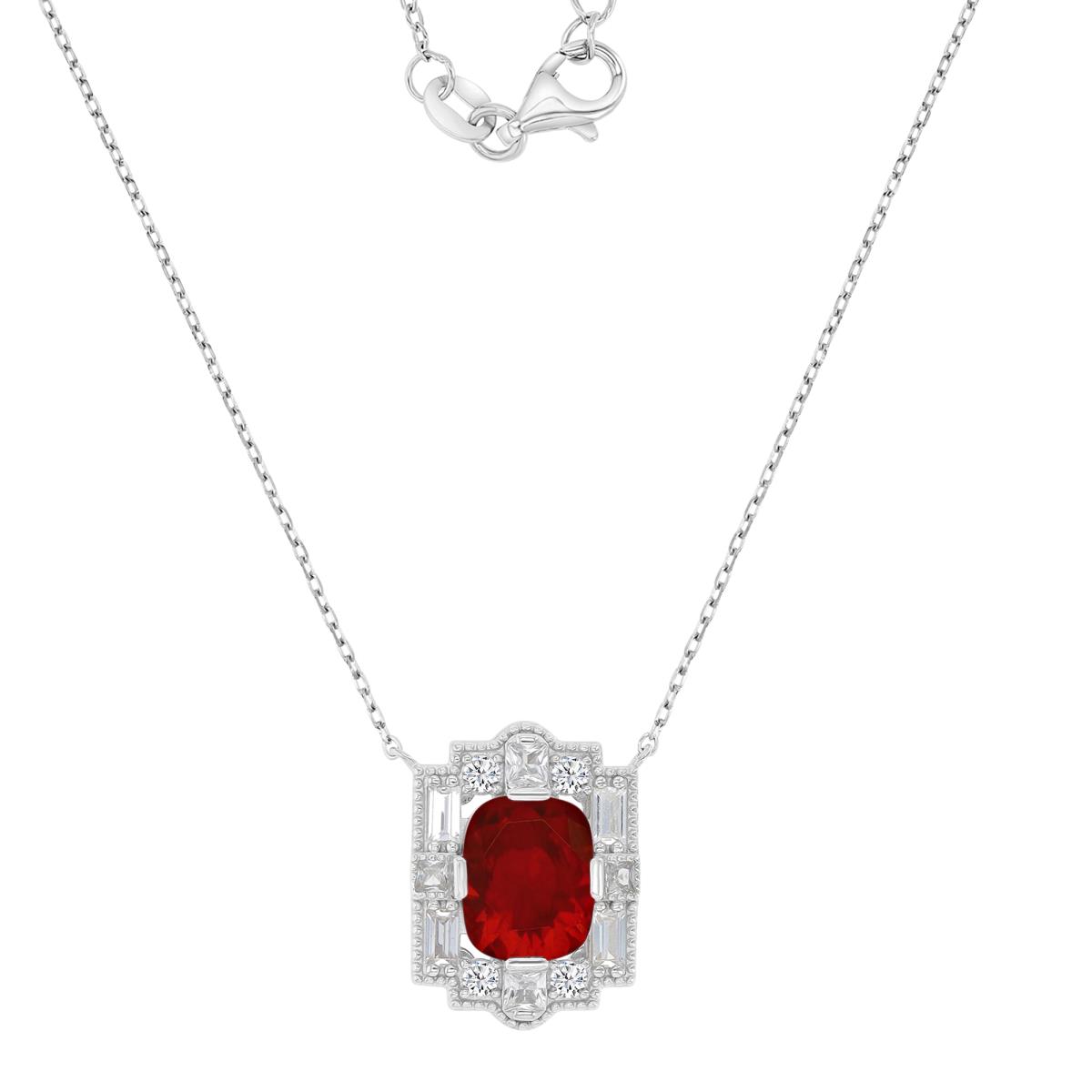 Sterling Silver Rhodium 19X14MM Created Ruby & White Sapphire Cushion Cut Vintage 18+2" Necklace