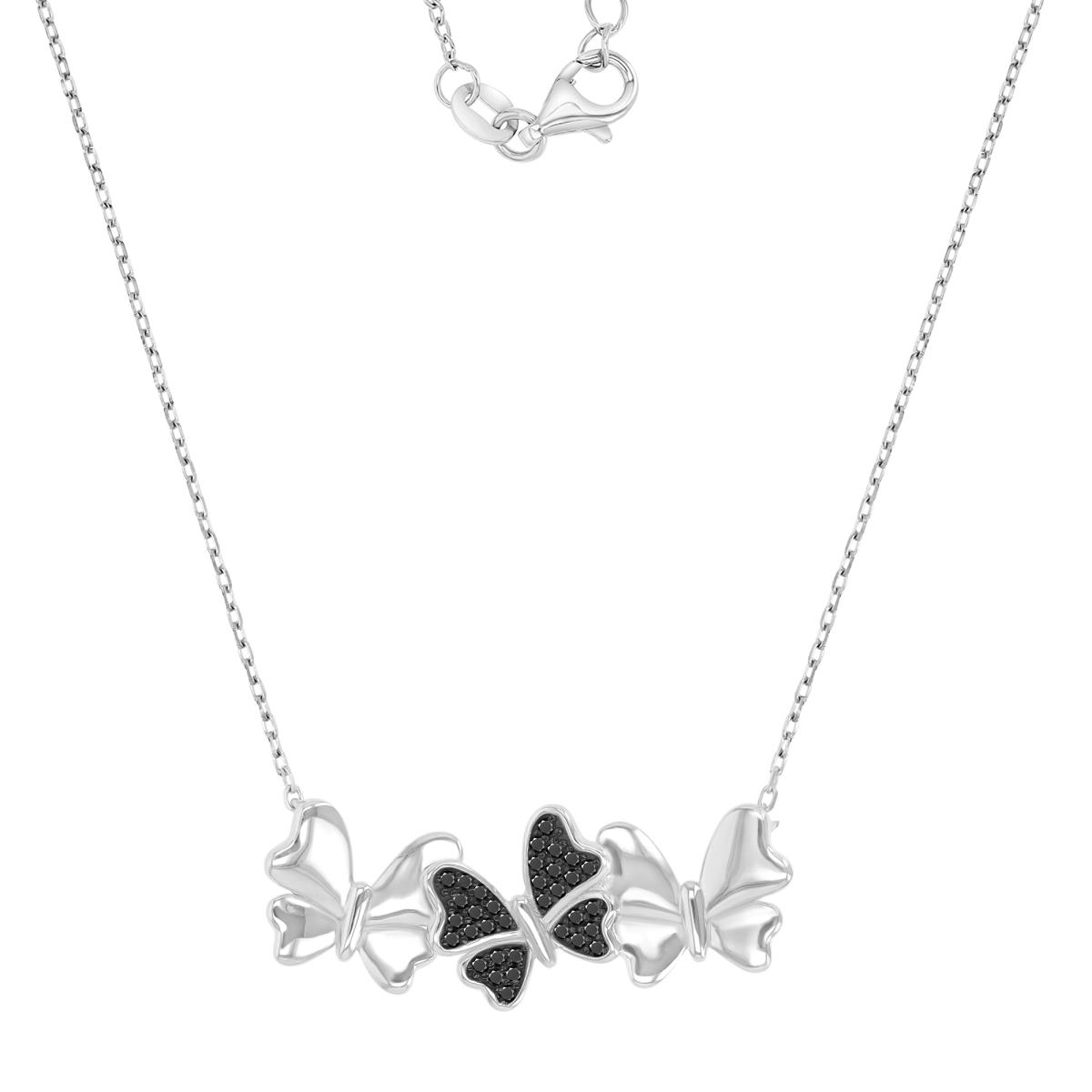 Sterling Silver Black & White 30X12MM Polished Black Spinel Triple Butterfly 16+2" Necklace