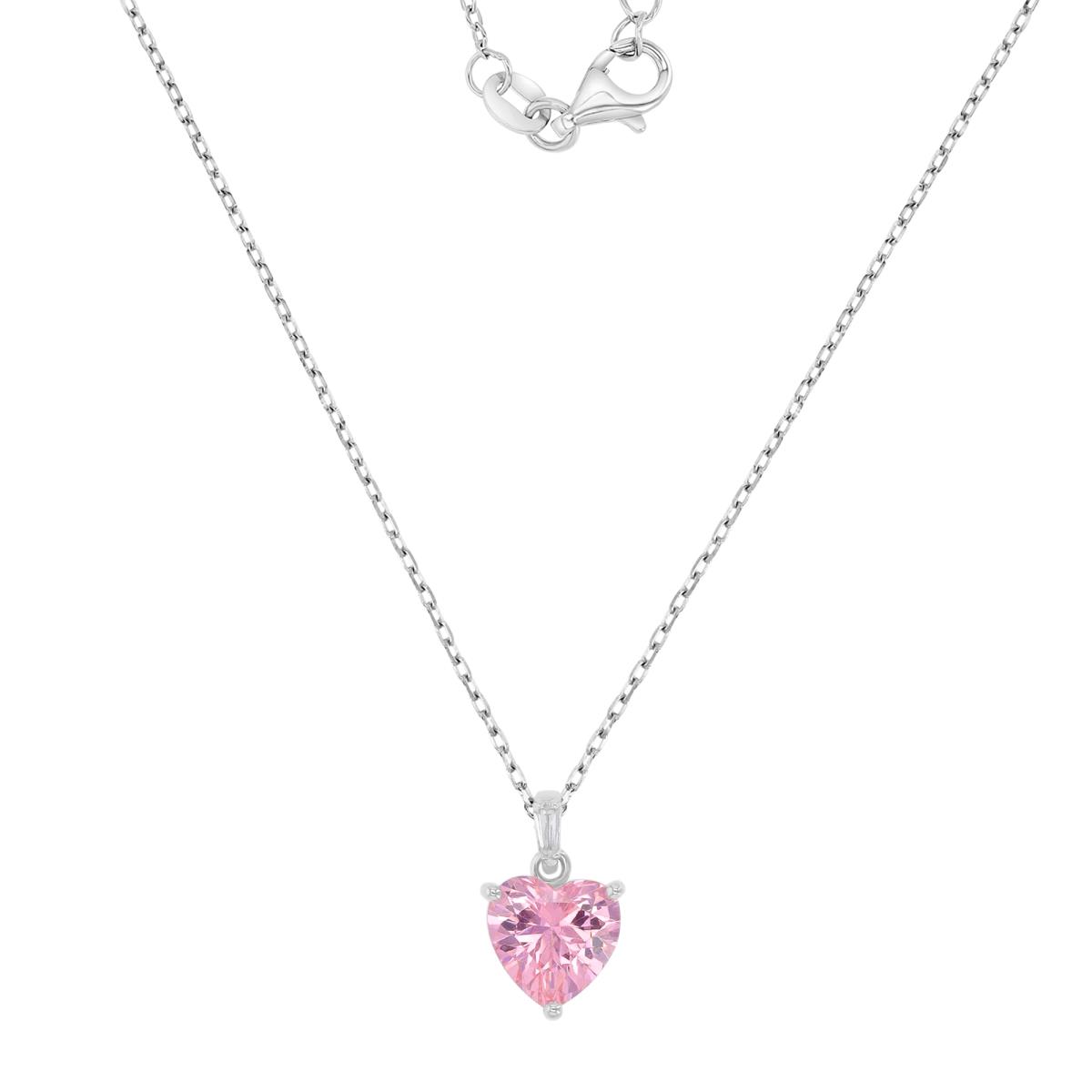 Sterling Silver Rhodium 8mm Heart Shape Pink CZ Dangling 16+2" Necklace