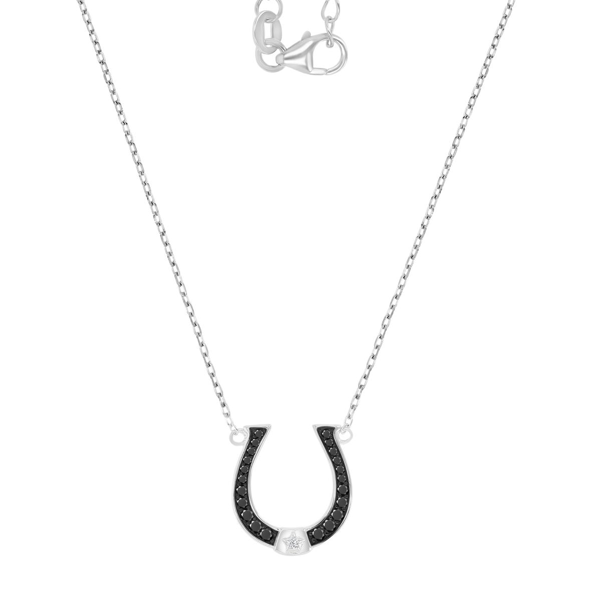Sterling Silver Black & White 15X14MM Polished Black Spinel & White CZ Horse Shoe Star 18+2" Necklace