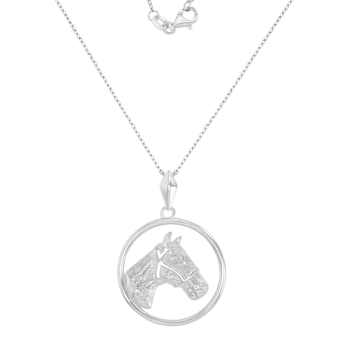 Sterling Silver Rhodium 23MM White CZ Horse Head 18+2" Necklace
