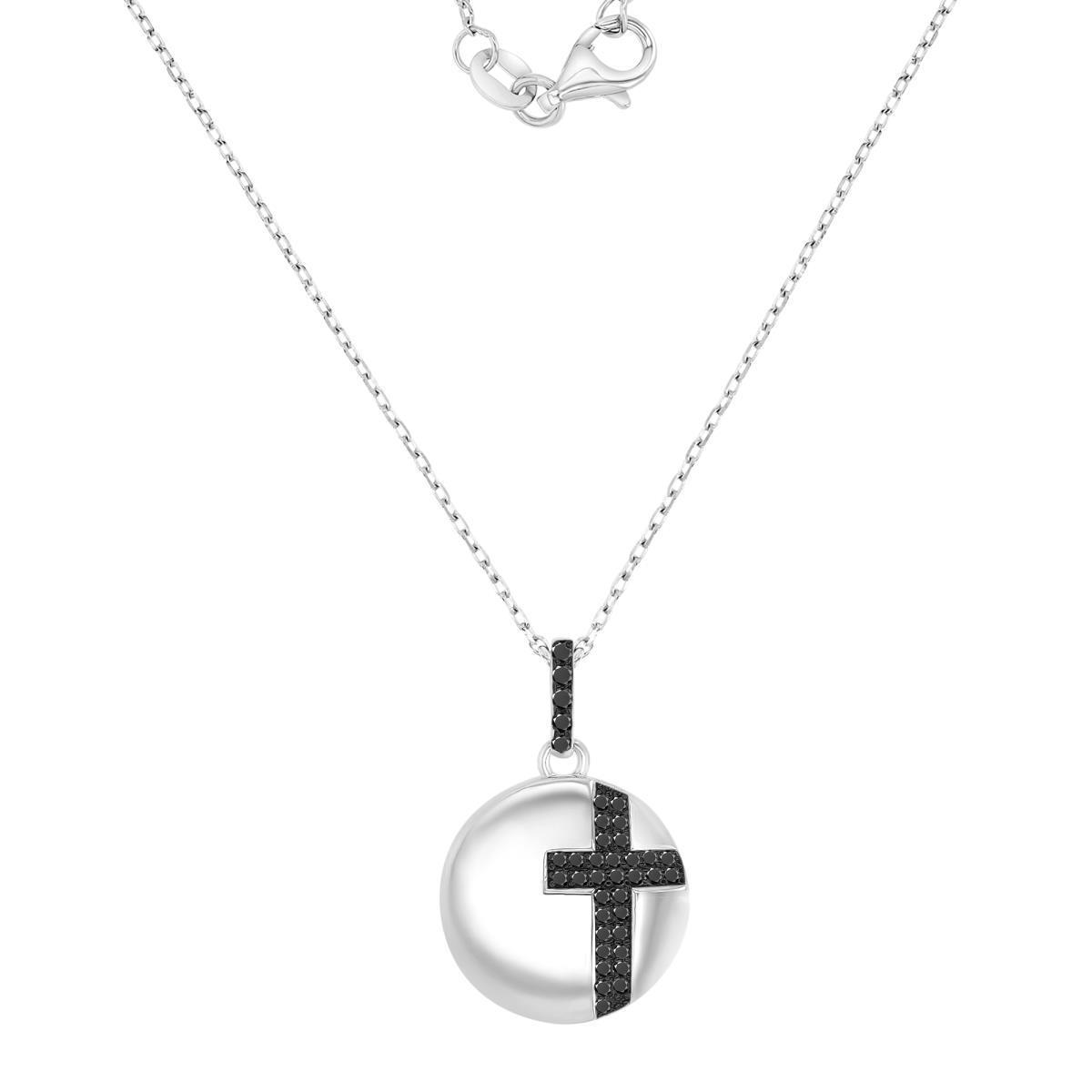 Sterling Silver Black & White 23.4X15MM High Polished Round Black Spinel Cross Pendant 16+2" Necklace