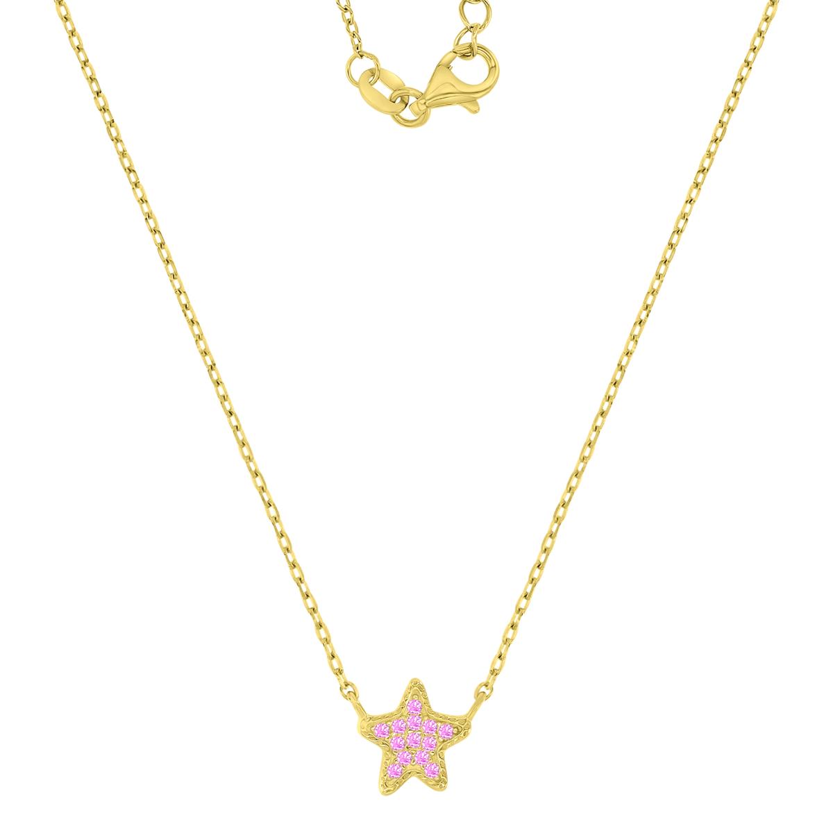 Sterling Silver Yellow 1M 9X7.8MM Polished Pink CZ Pave Star Pendant 13+2" Necklace