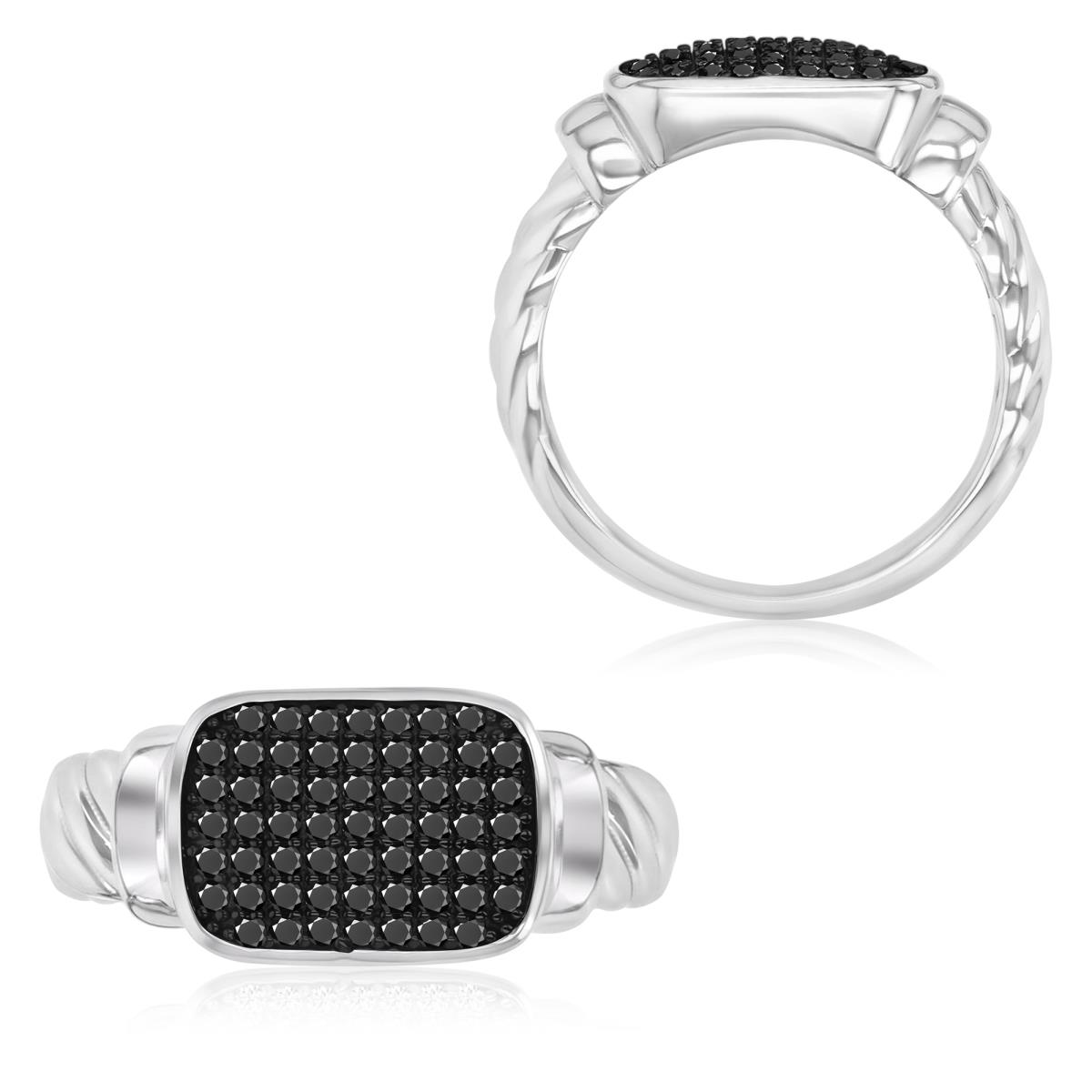 Sterling Silver Black & White 16X9MM Polished Black Spinel Twisted Rope Pave Ring