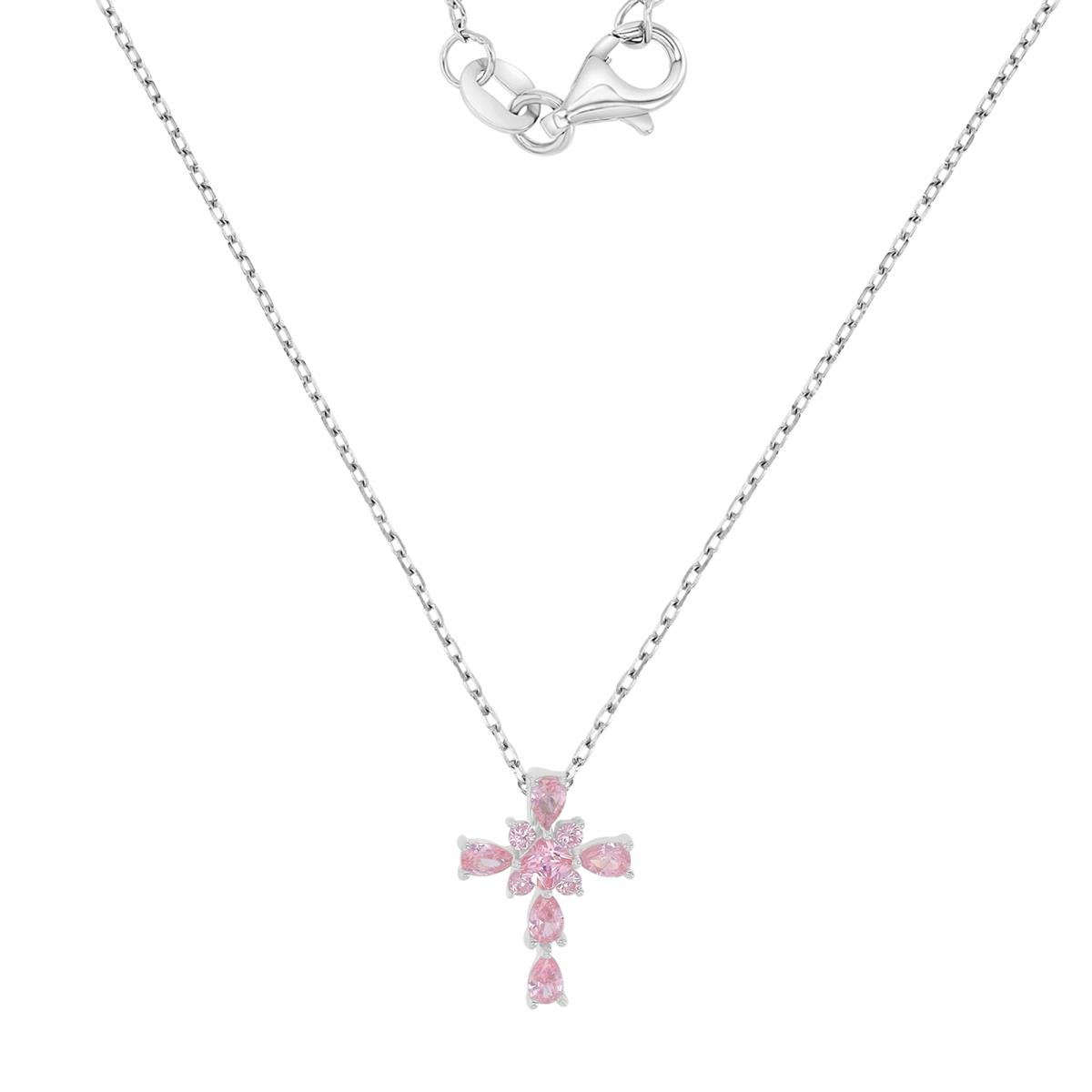 Sterling Silver Rhodium 13.4X9.6MM Polished Pink CZ Cross 13+2" Necklace