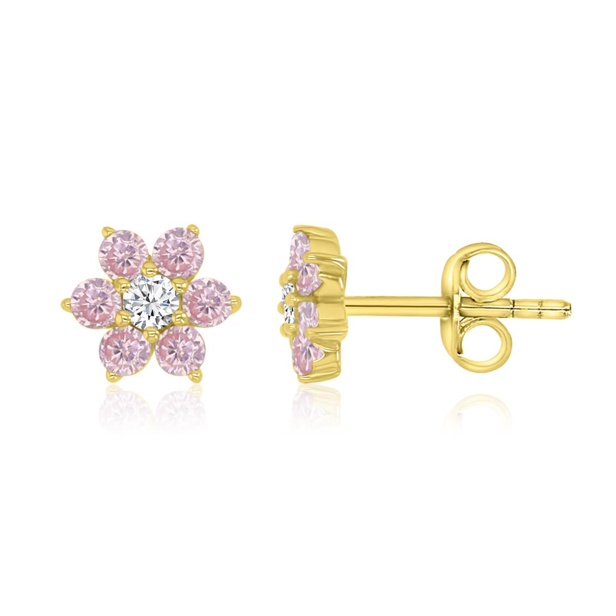 Sterling Yellow Rhodium 6MM Polished Pink & White CZ Flower Stud Earrings