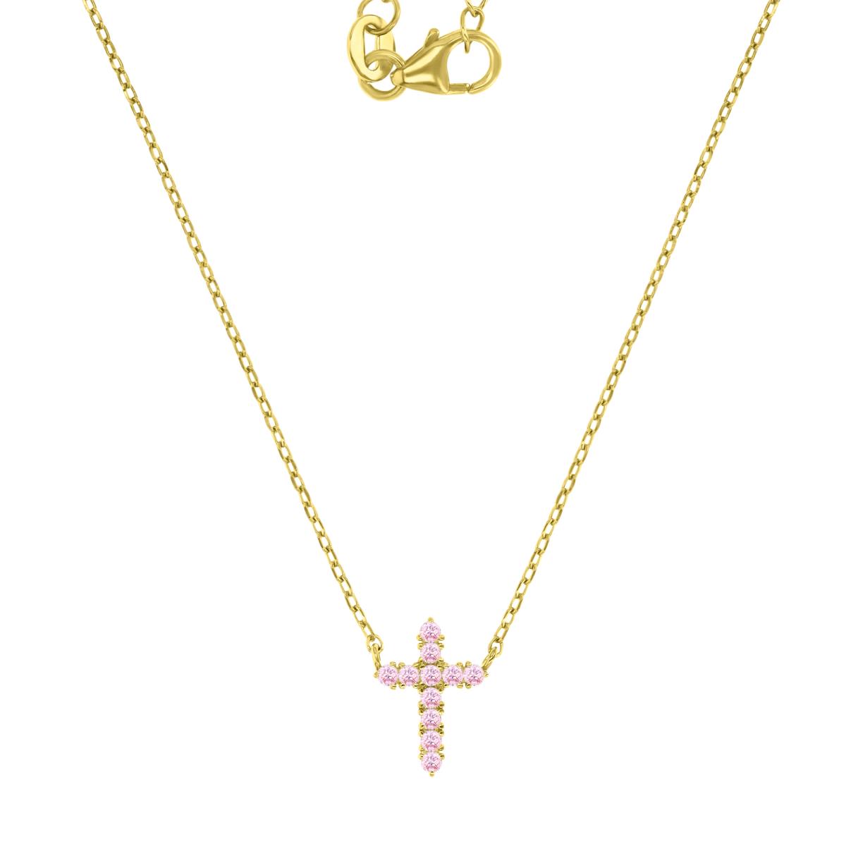 Sterling Silver Yellow 12X9MM Polished Pink CZ Cross Rolo Link 13+2" Necklace