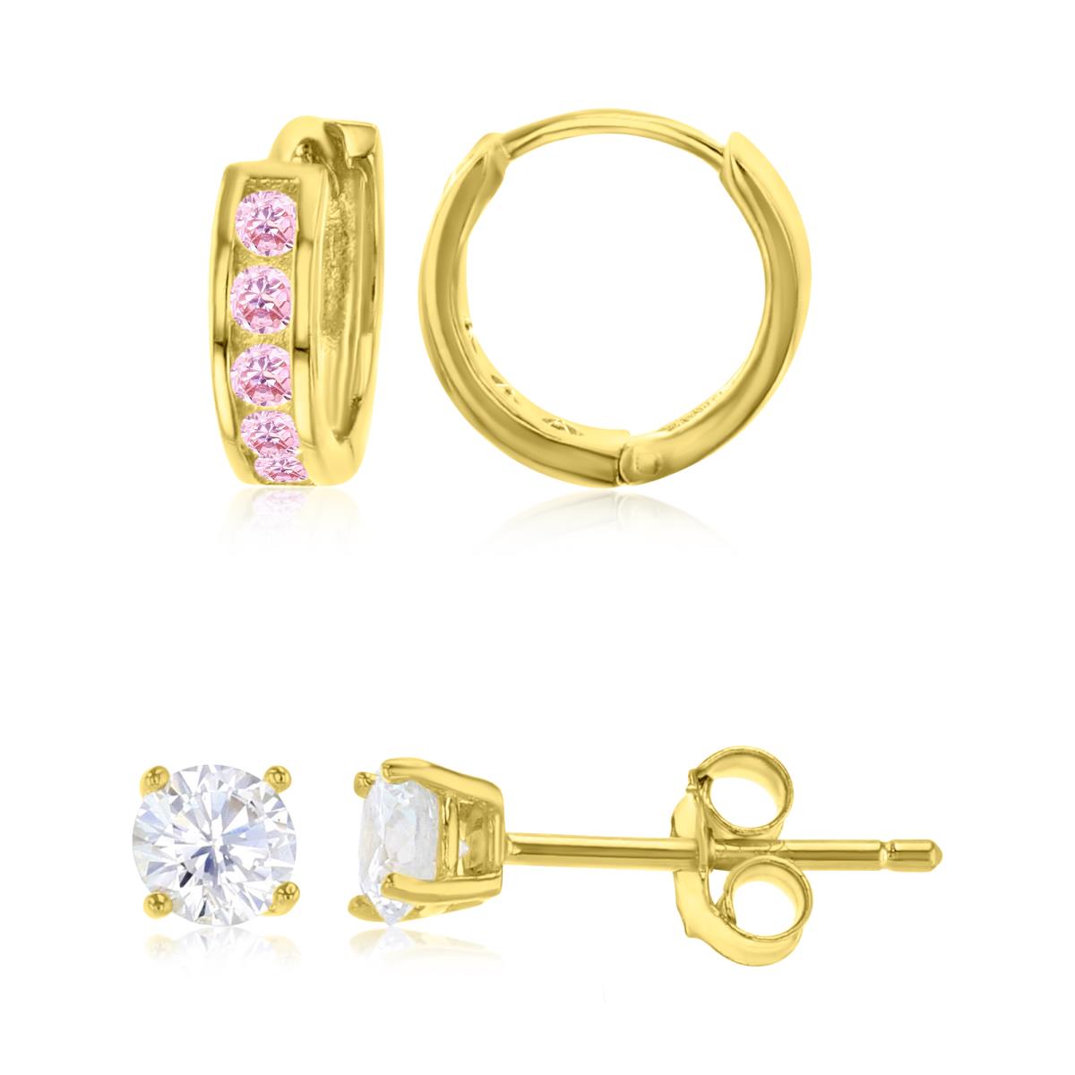 Sterling Silver Yellow 9.5x2.8mm Pink CZ Channel Set Huggie & 3mm Rd White CZ Solitaire Stud Earring Set