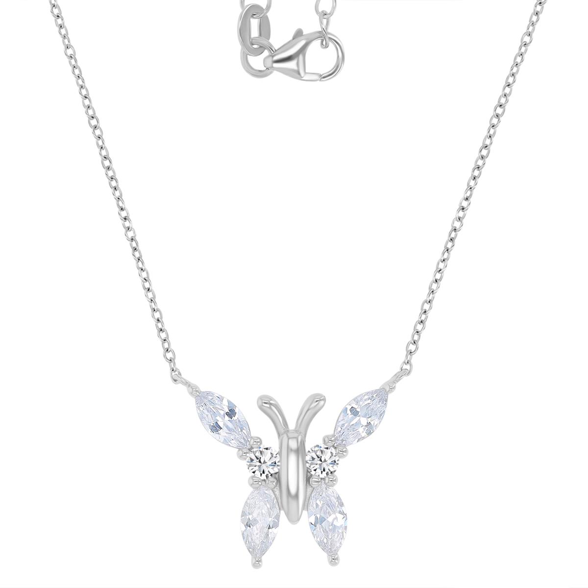 Sterling Silver Rhodium 21X17.5MM Butterfly White CZ Marquise Cut 16+2" Necklace