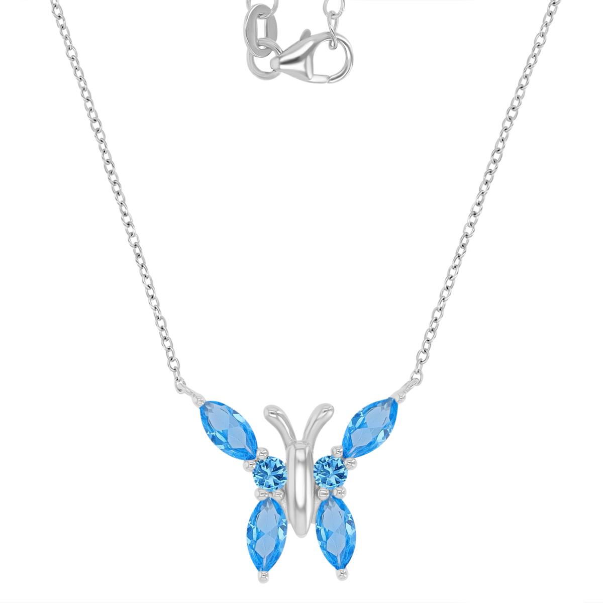 Sterling Silver Rhodium 21X17.5MM Butterfly Created Blue Marquise Cut 16+2" Necklace
